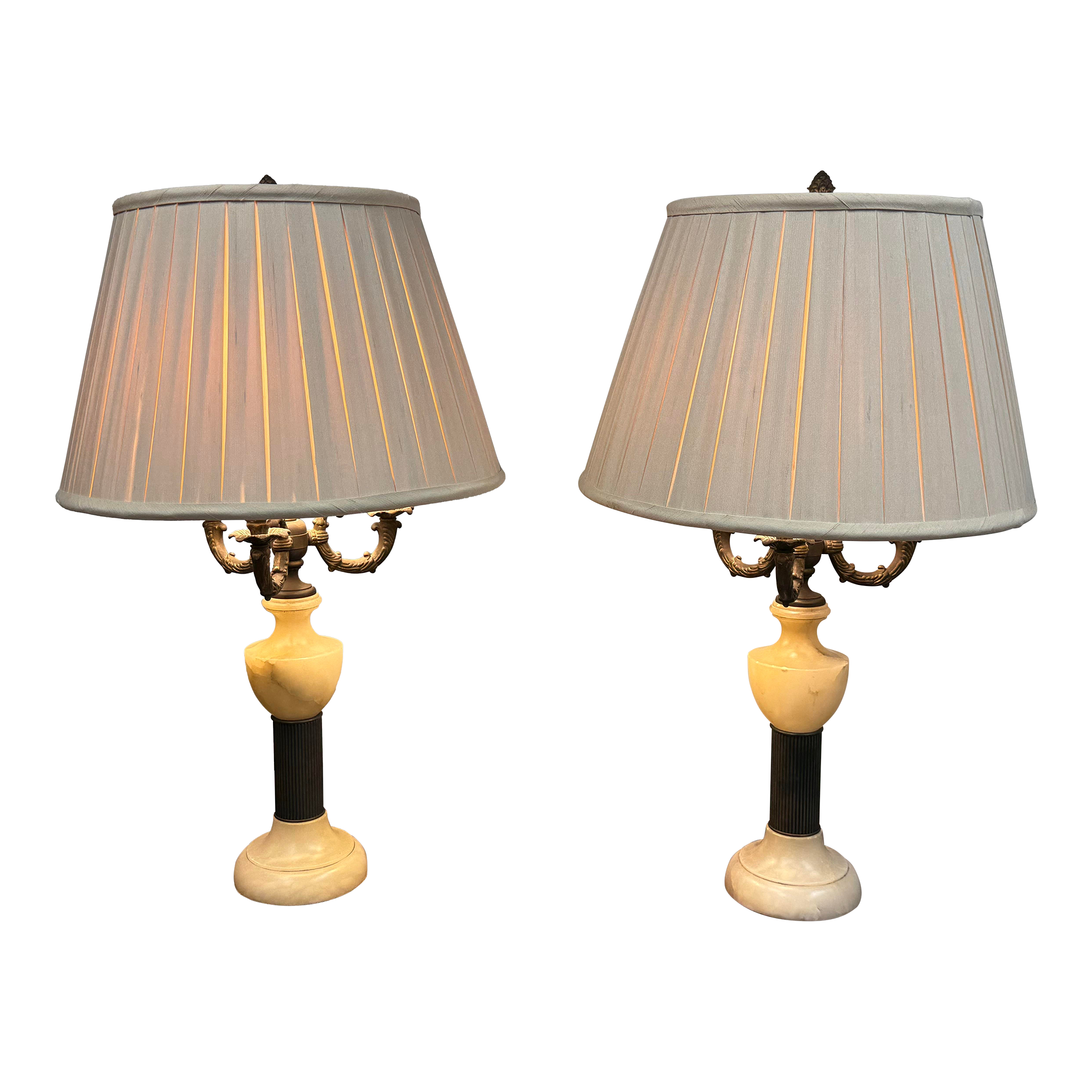 Vintage Alabaster + Bronze Finish Table Lamps, Pair