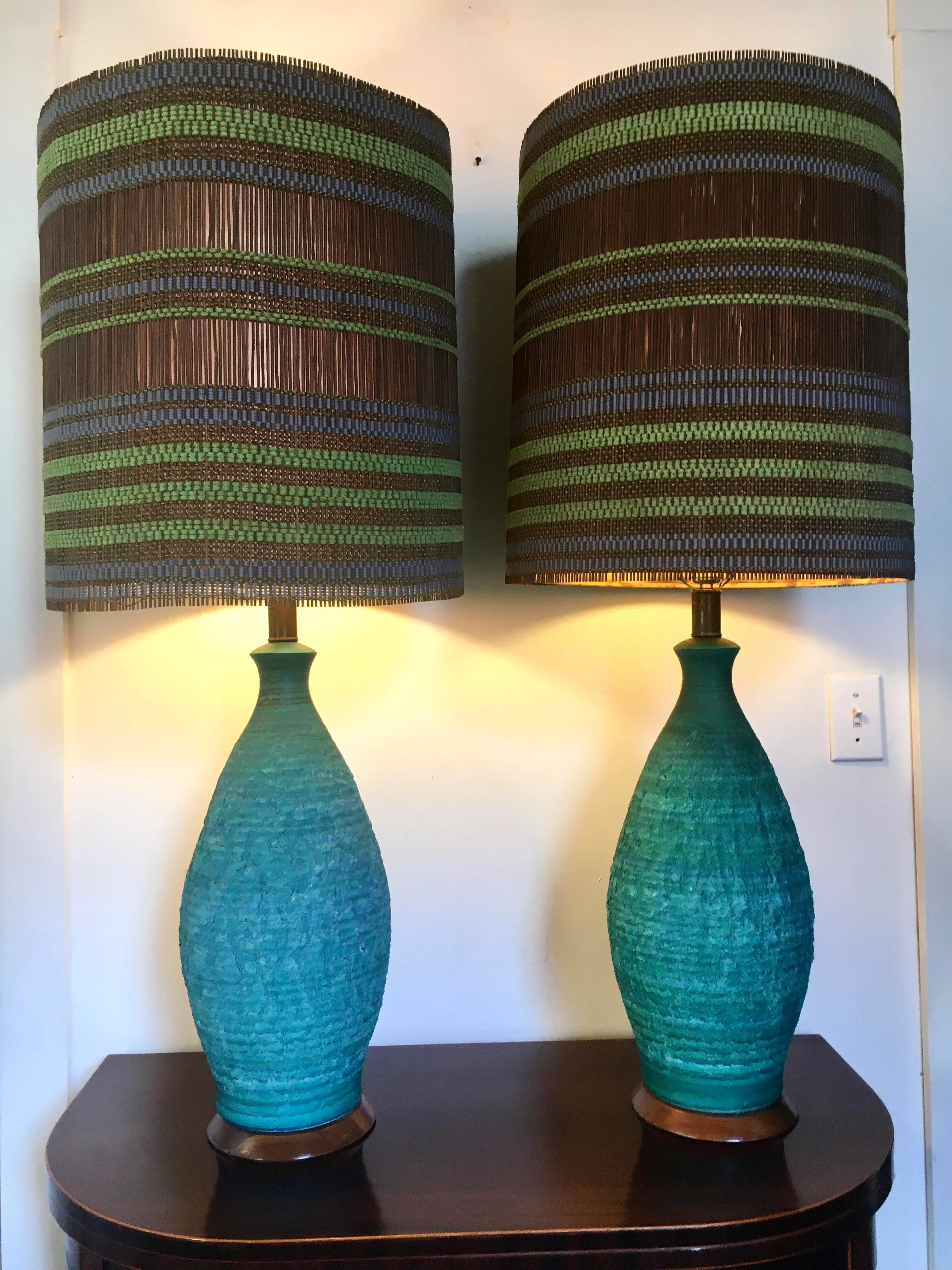 1960s Quartite Sea Green Lamps With Maria Kipp Lampshades | Chairish