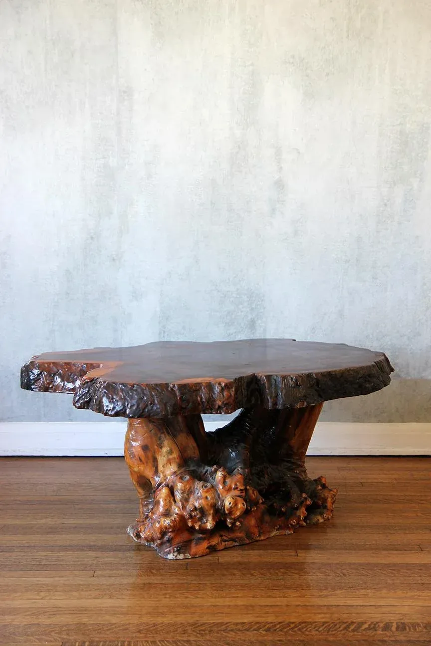 1980s Lacquered Live Edge Specimen Burl Coffee Table With Root