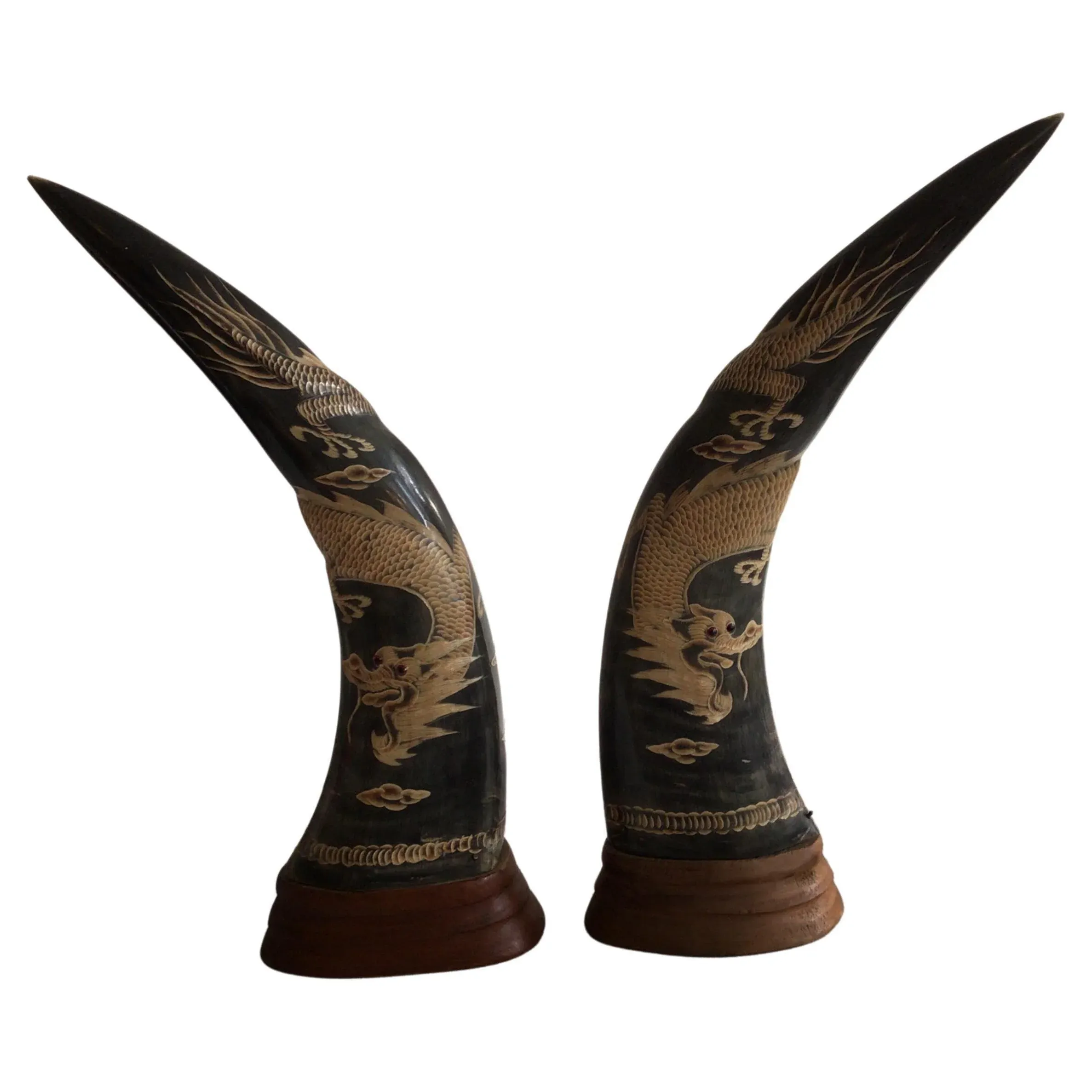 1950s Carved Horns with Dragon Motif on Wood Base - A Pair