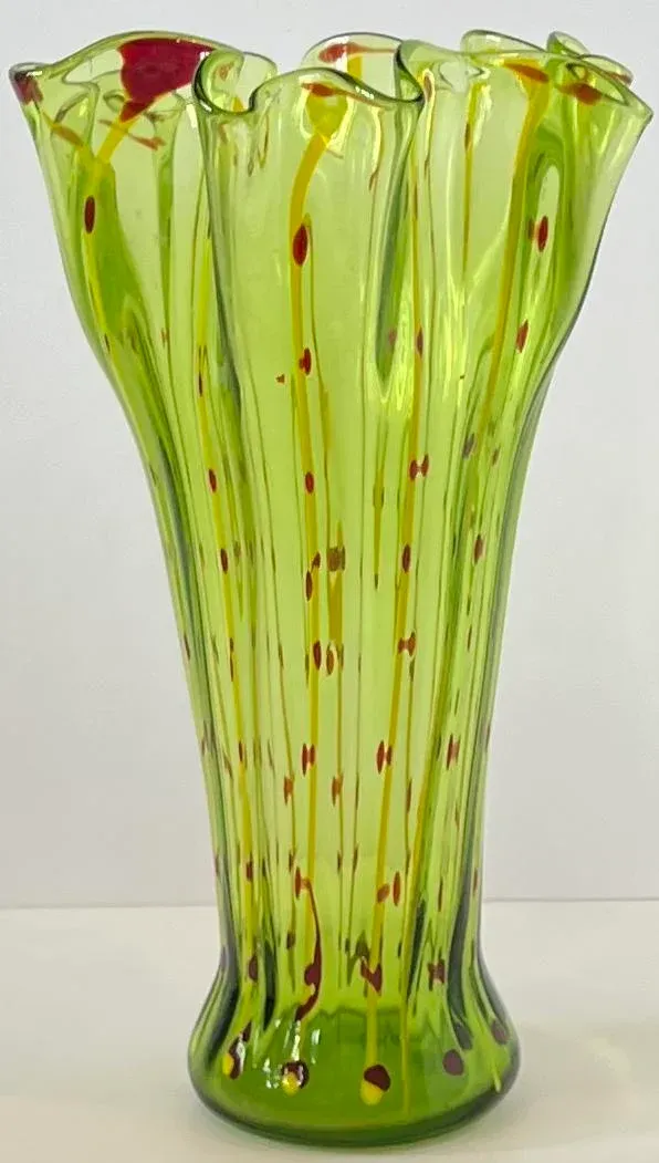Vintage Art Glass Green Yellow Striped Vase