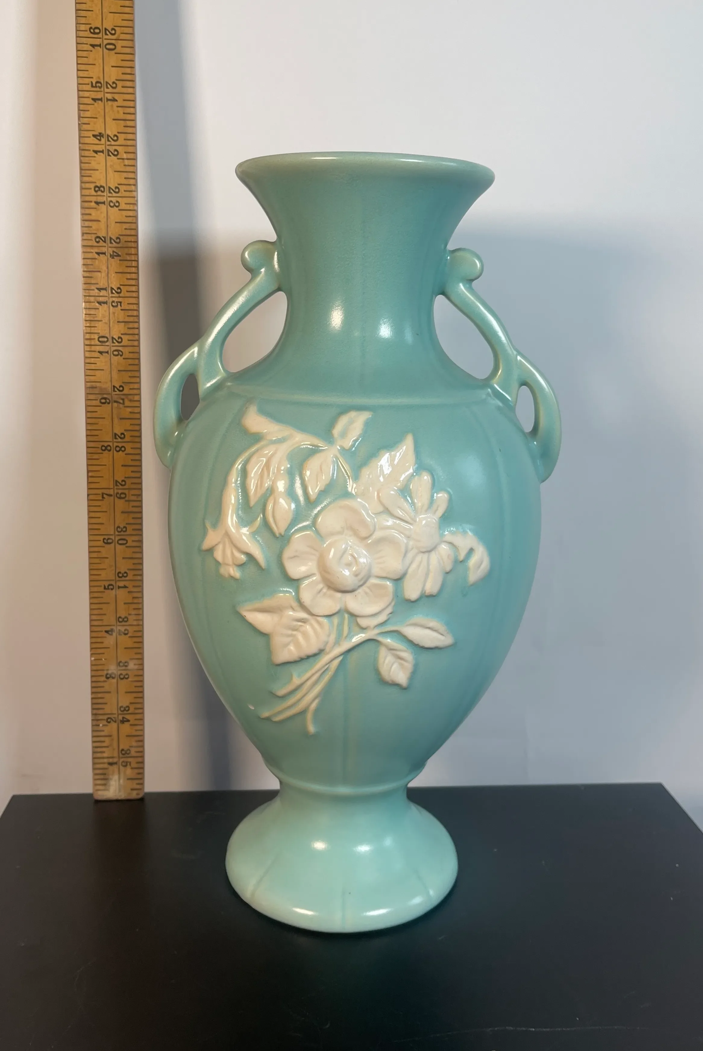 1930s Weller Pottery Aqua Vase Signed Cameo Rose | Chairish