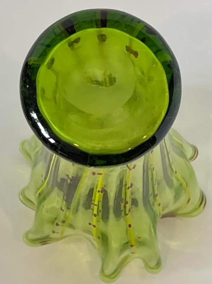 Vintage Art Glass Green Yellow Striped Vase