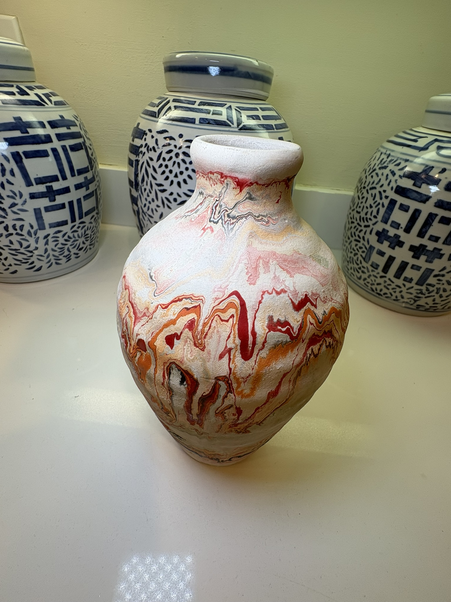 Boho Chic Nemadji Swirl Vase in Red Orange & Gray Studio Pottery main image 2