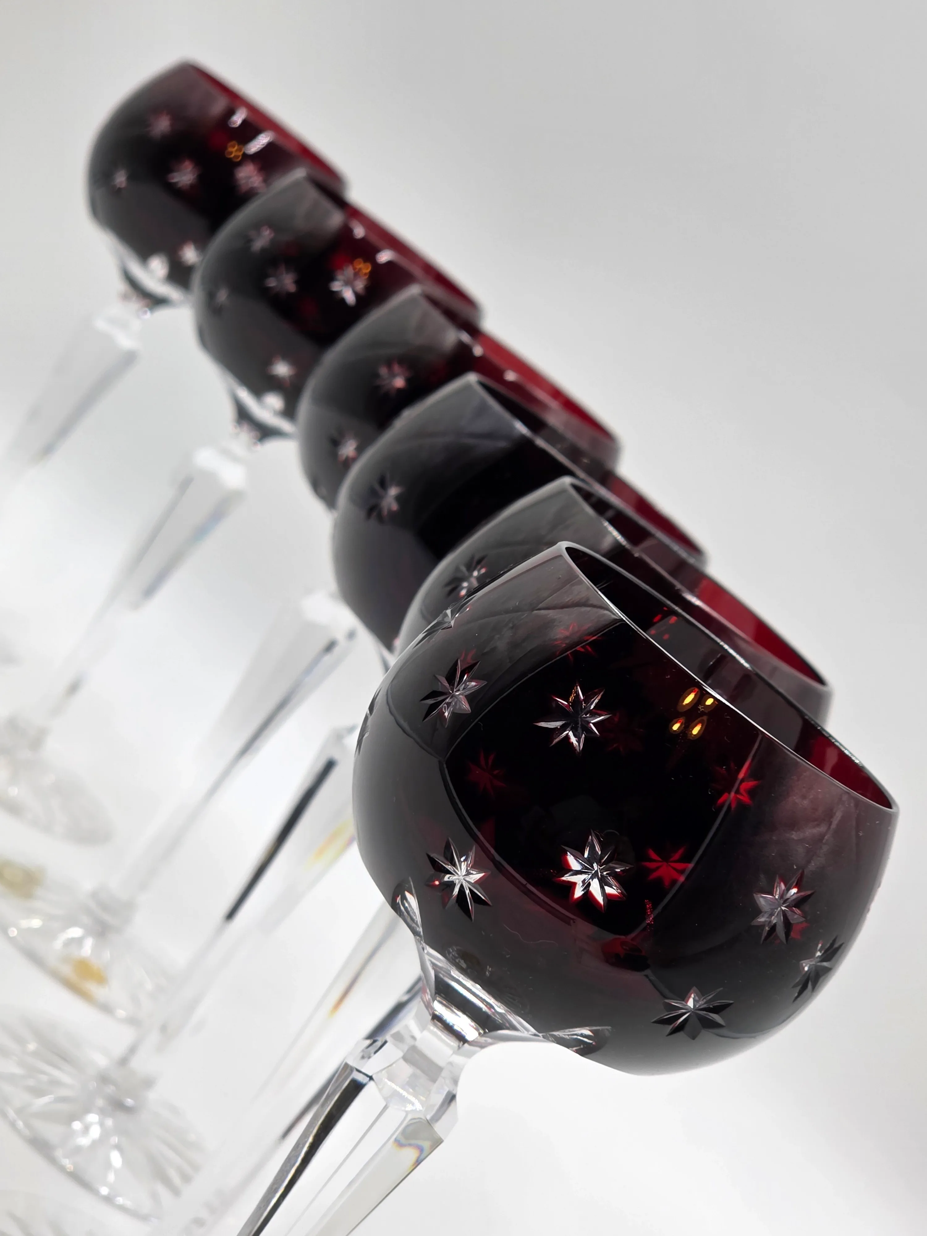 Set of 6 Vintage Ajka Marsala Ruby Red Cut to Clear Crystal Hock Wine Glass.