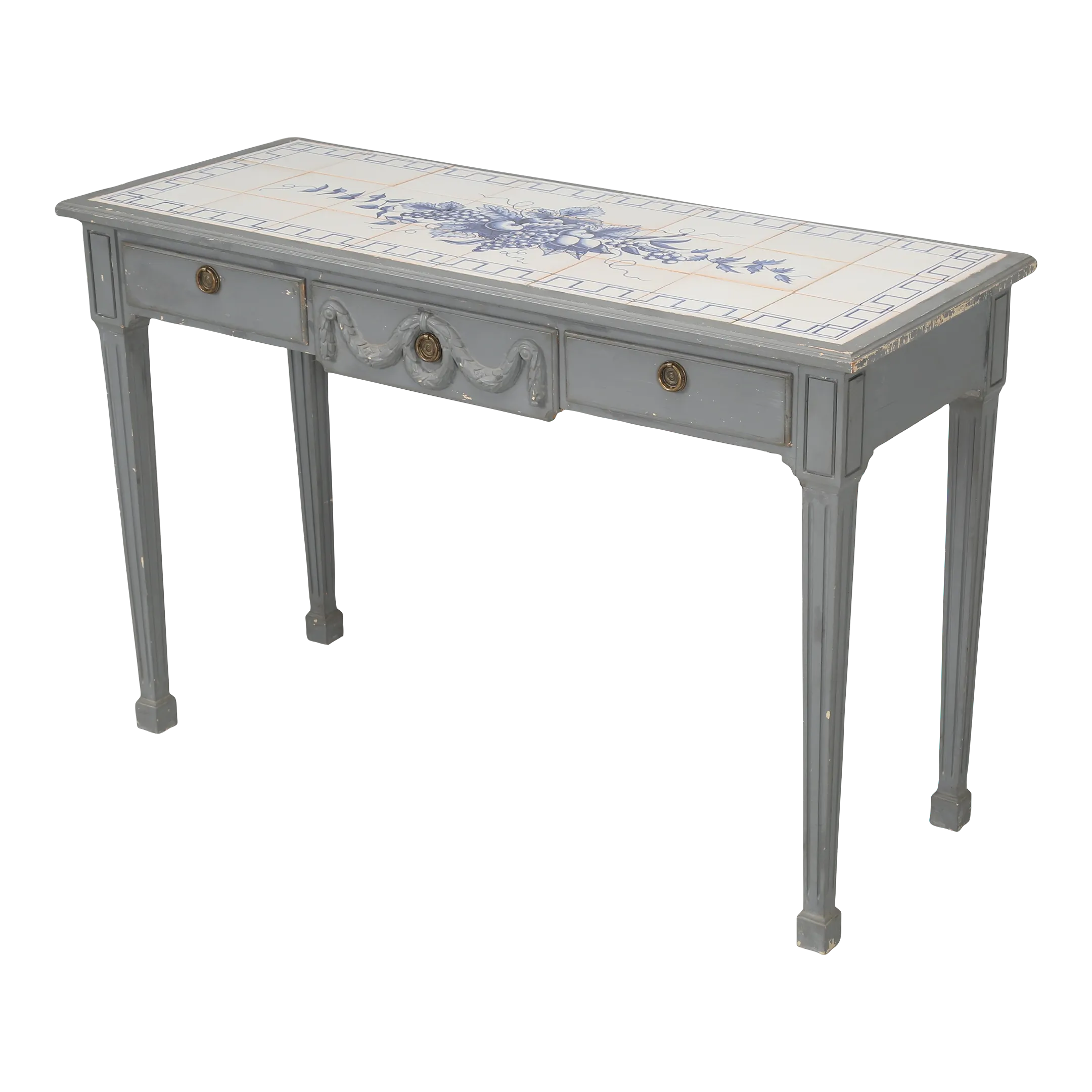 Vintage Swedish Painted Console Table With Inlaid Tile Top and Three