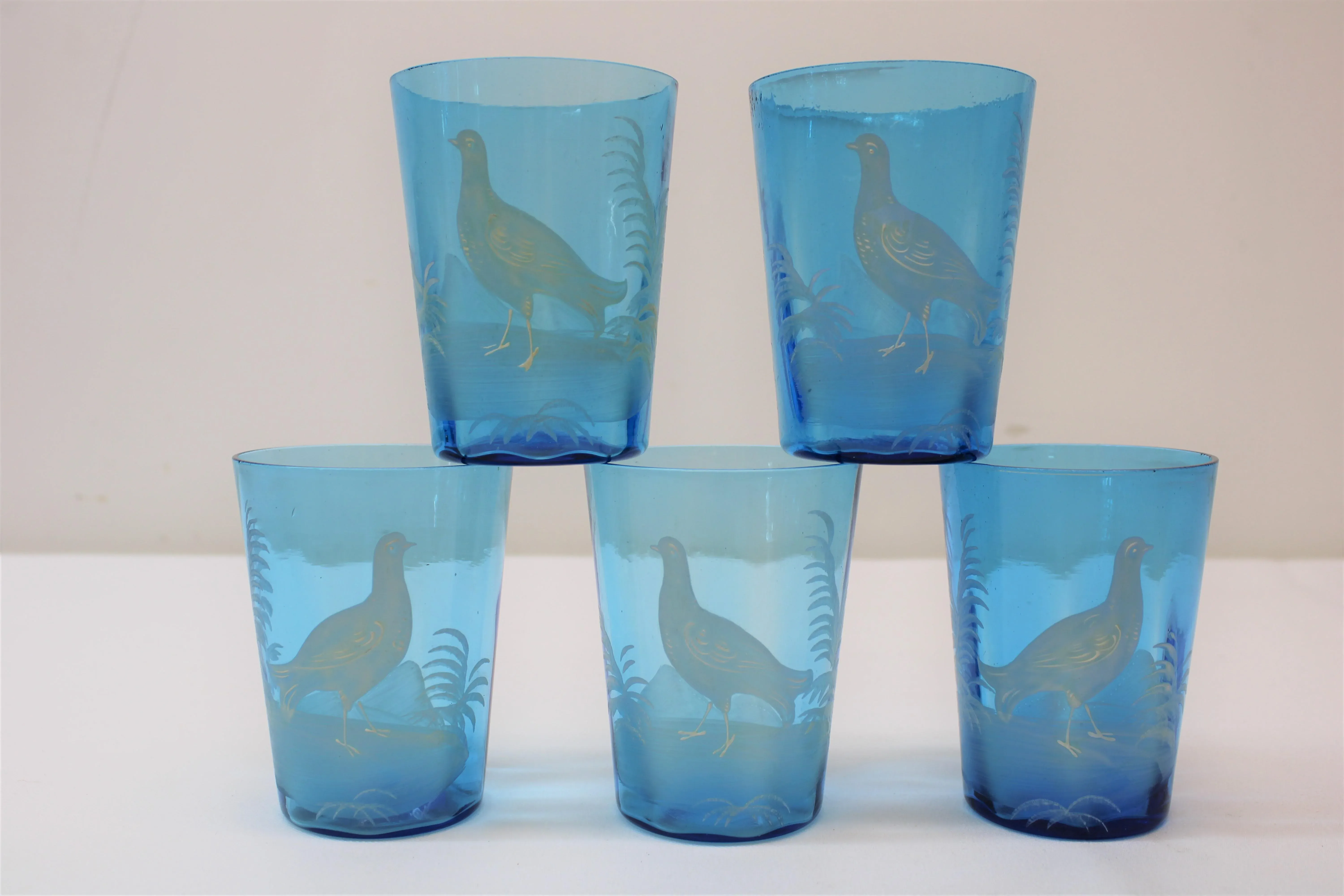 Victorian Blue Glass Pitcher W/ 5 Tumblers