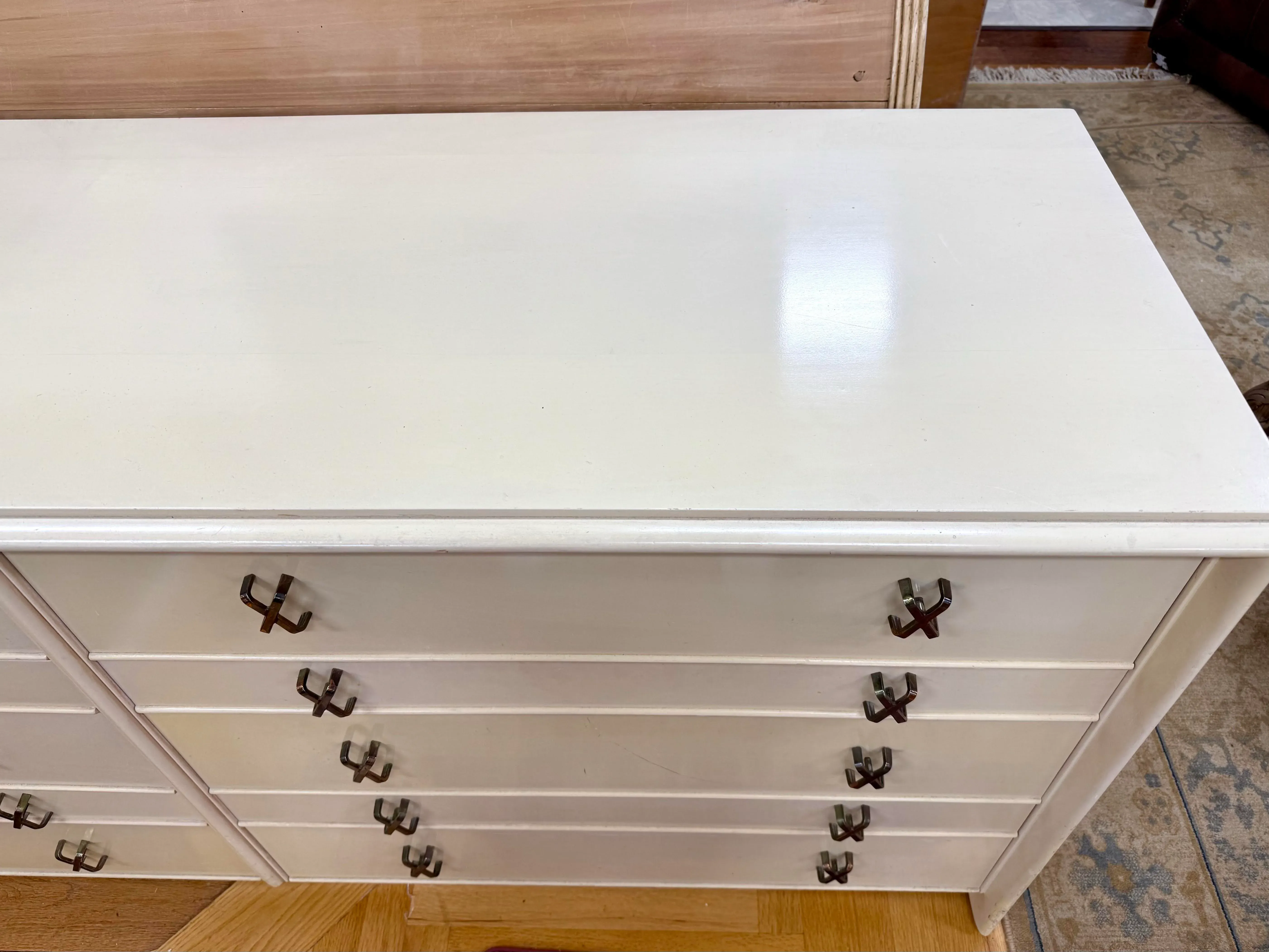 Paul Frankl for Johnson Furniture Ivory Lacquer 10 Drawer Dresser With  X-Pull Hardware