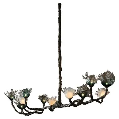 11 Spheres Bronze and Hand Blown Colored Glass Chandelier by Emilie Lemardeley