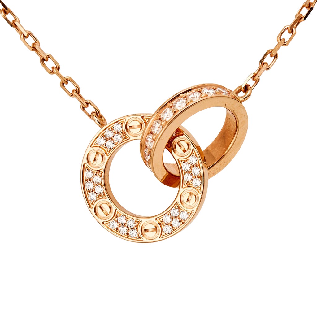 Cartier Love Diamond Interlocking Loops 18K Rose Gold Necklace | Chairish