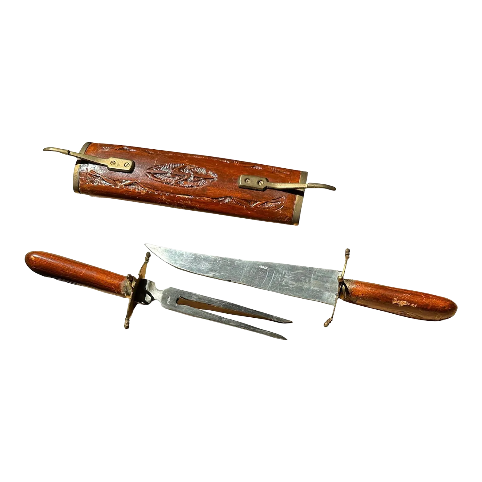 Vintage Teak Wood Brass Knife Fork Meat Carving Set Locking With Footed  Stand- 3 Pieces