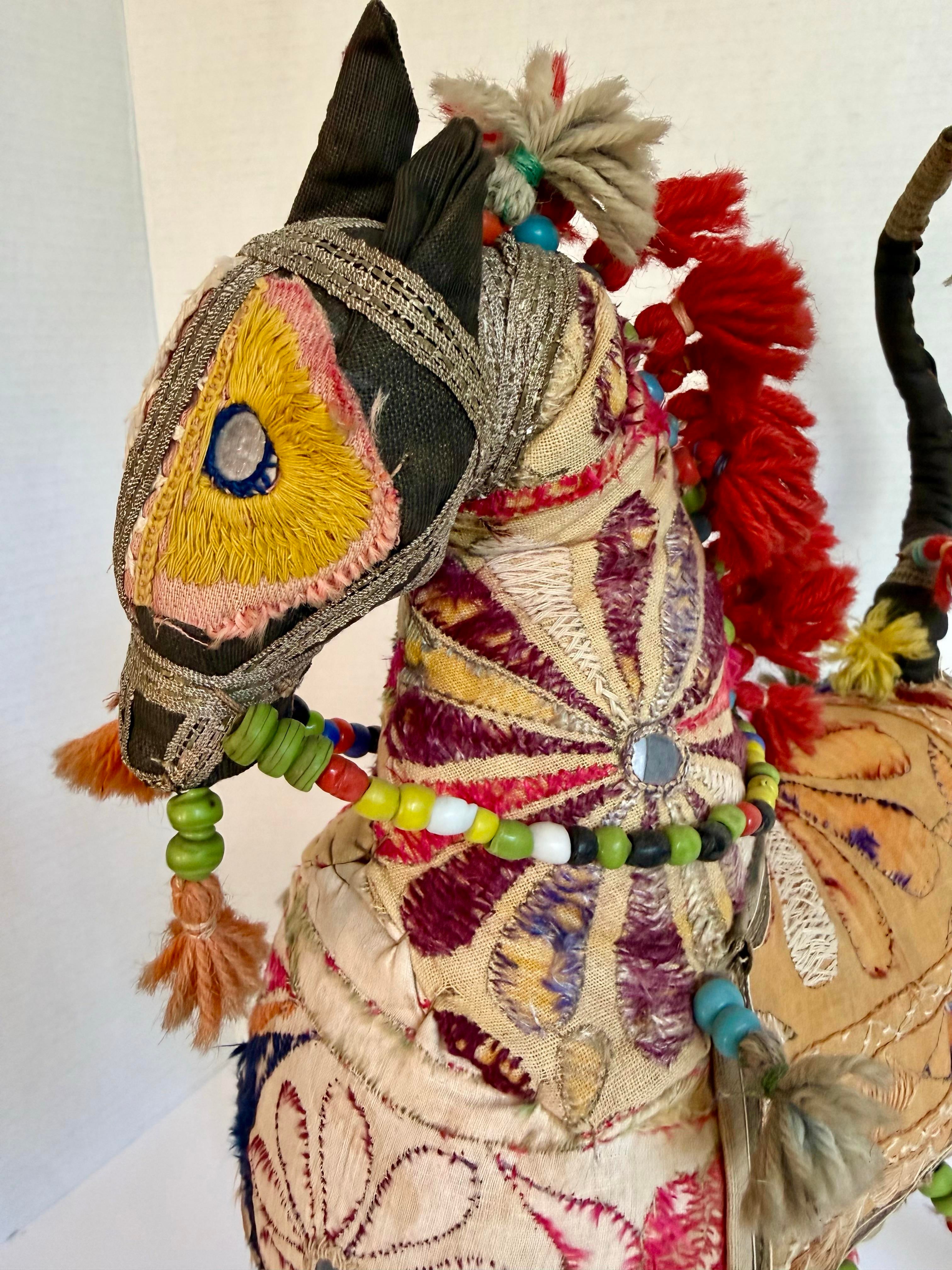 Antique Rajasthani Embroidered Textile Art Horse Figurative Sculpture