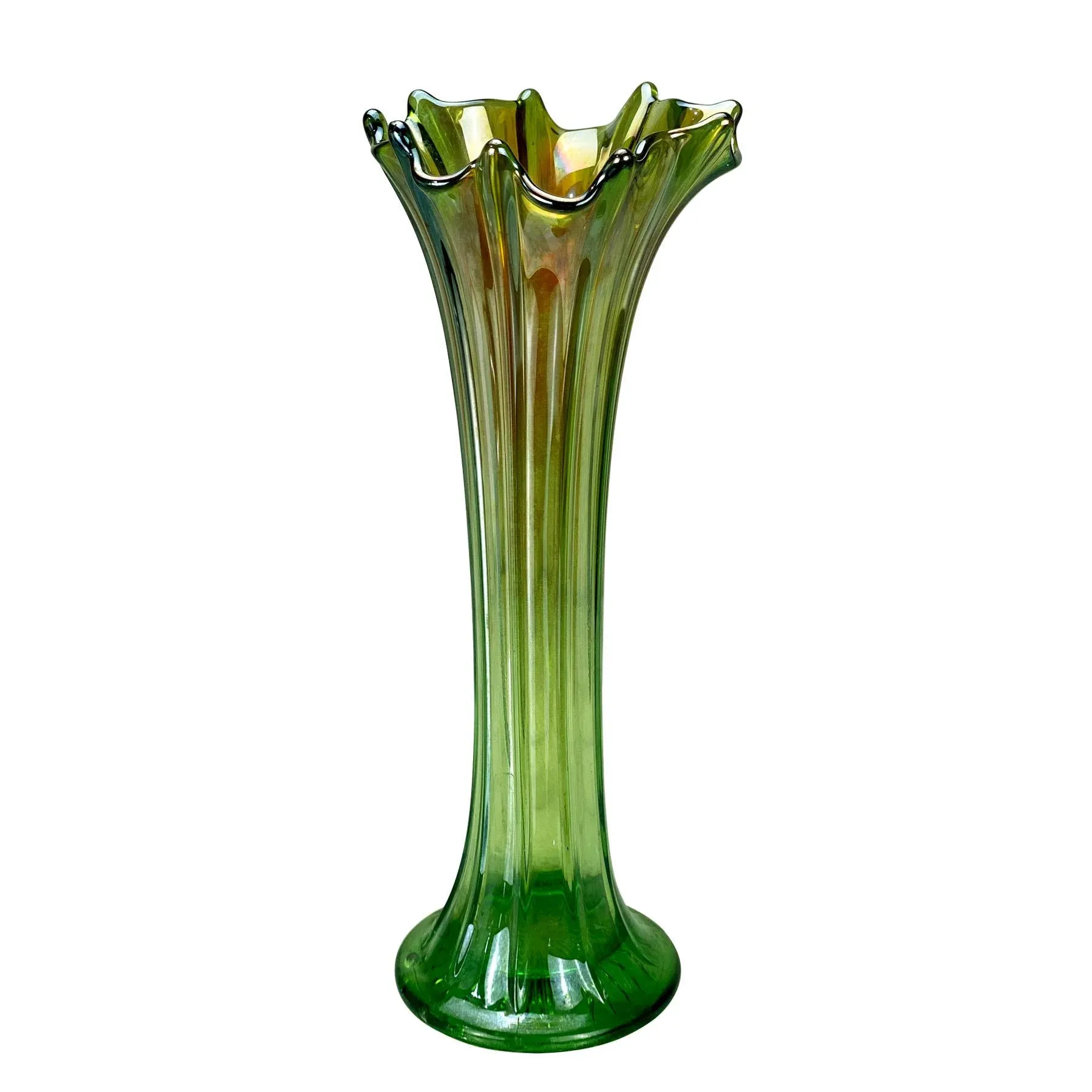 Mid-Century Green Iridescent Carnival Art Glass Swung Vase