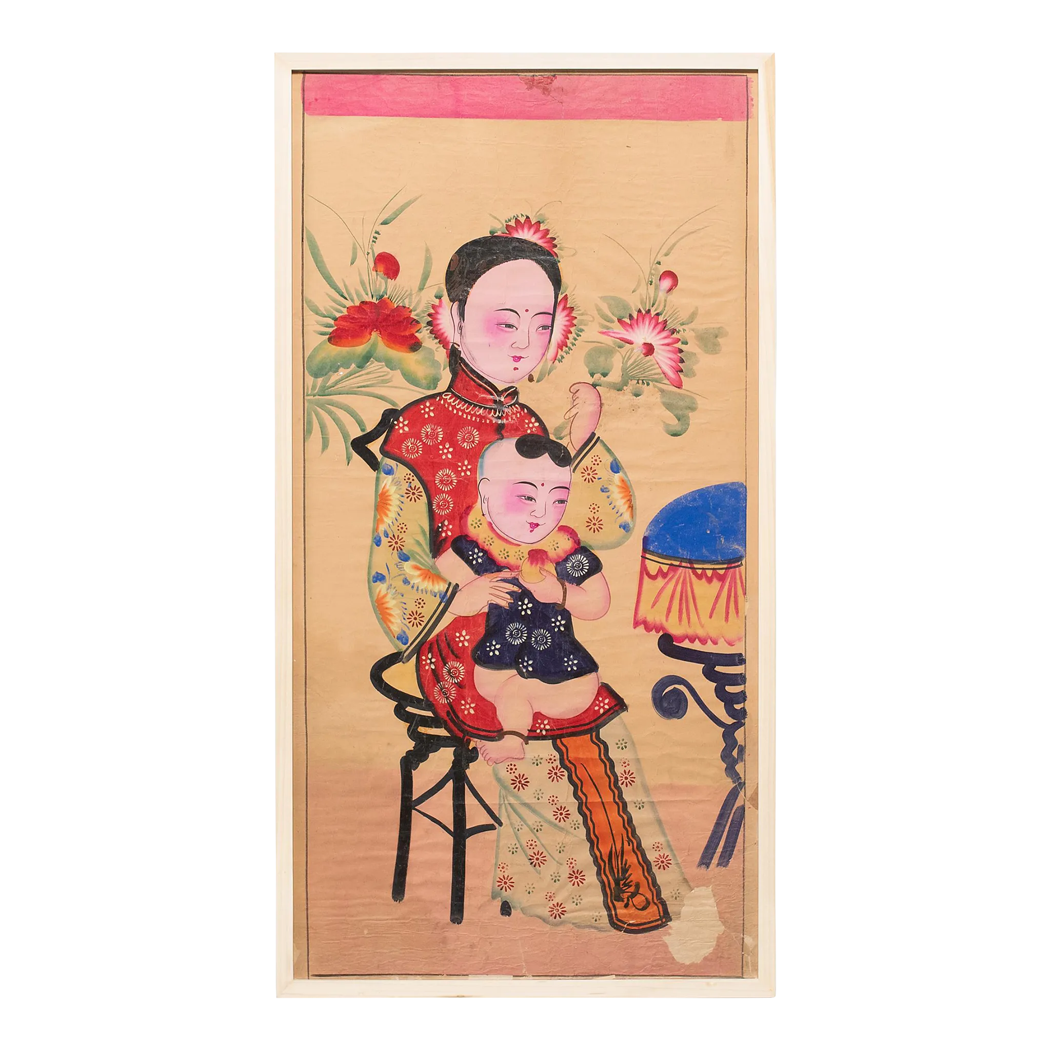 Chinese Reverse Glass Painting of a Woman & Child - 19th Century Chinese Reverse Glass Painting of a Woman & Child - 19th Century