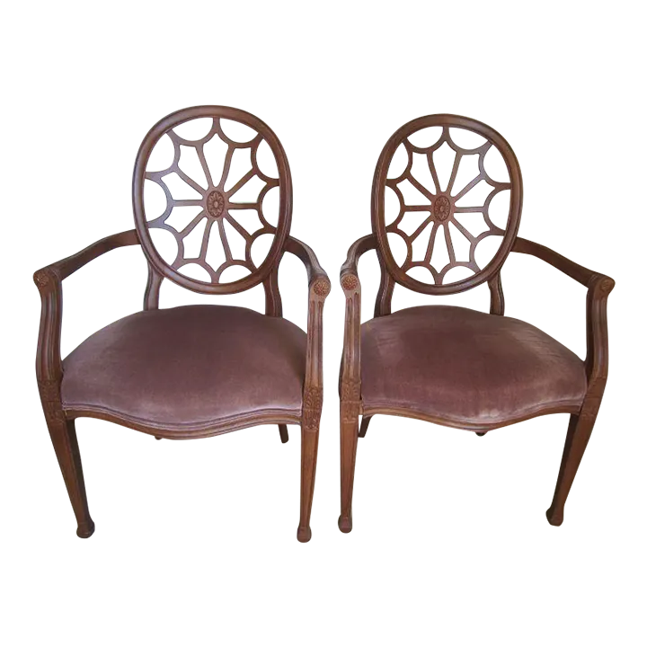 1980s Ethan Allen Style Armchair Spider Back Wood Velvet Seats