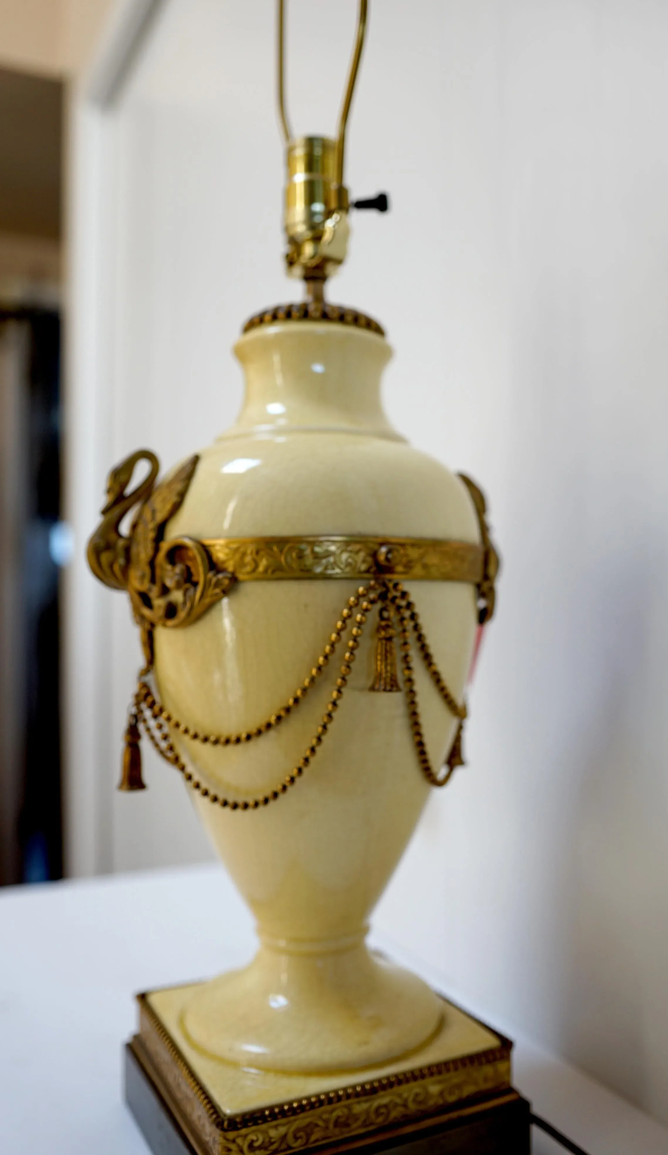 Early 20th CenturyFrench Empire or Neoclassical Style Gilt Metal Mounted Porcelain Table Lamp