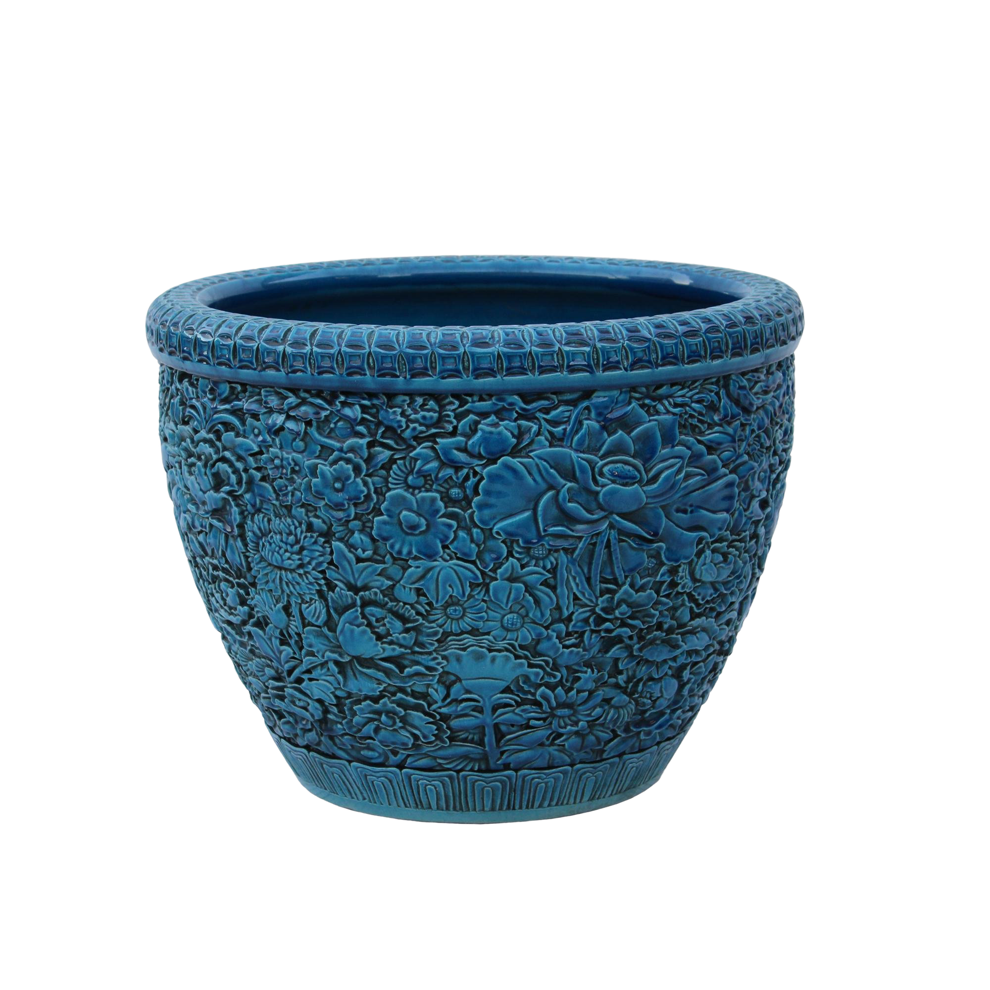 Chinese Ceramic Blossom Flowers Relief Motif Bright Blue Color Pot Planter Chairish