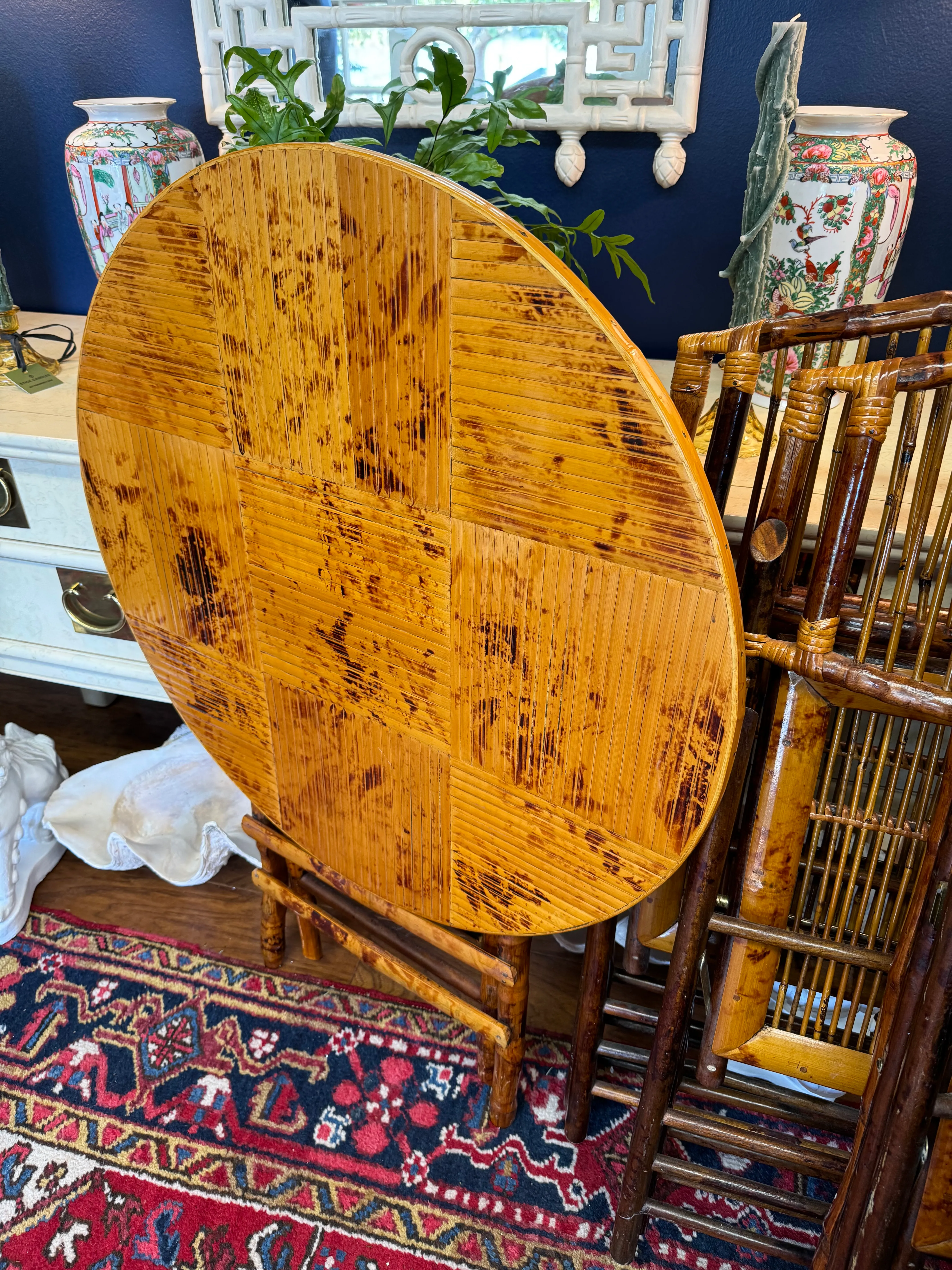 1980s Vintage Burnt Bamboo Folding Table and Chairs, a Set of 5
