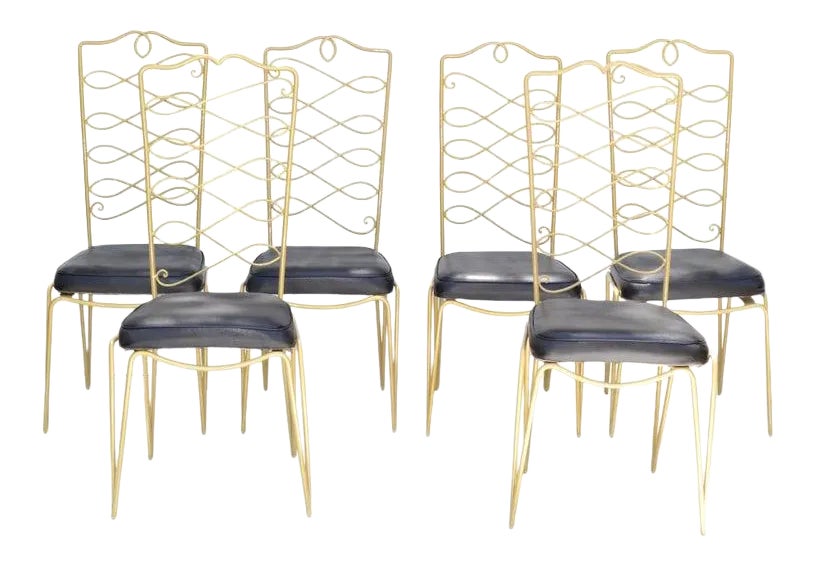 Rene Prou Art Deco Golden Wrought Iron Dining Room Chairs Black Vinyl ...