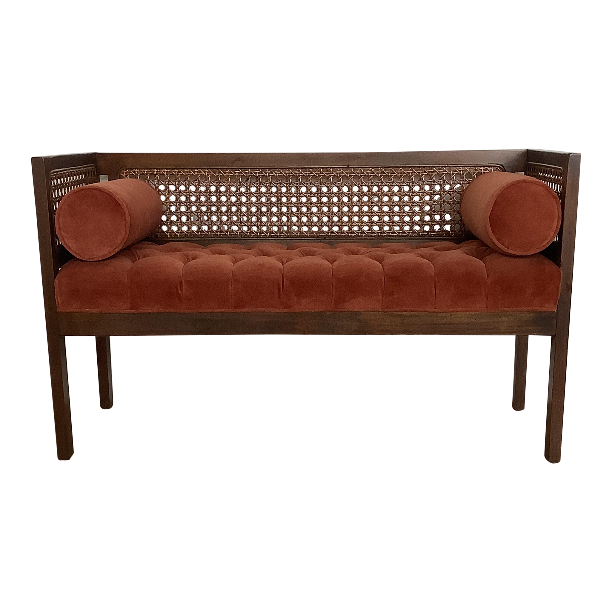 MidCentury Modern Velvet Tufted Upholstered Bench With Cane Back