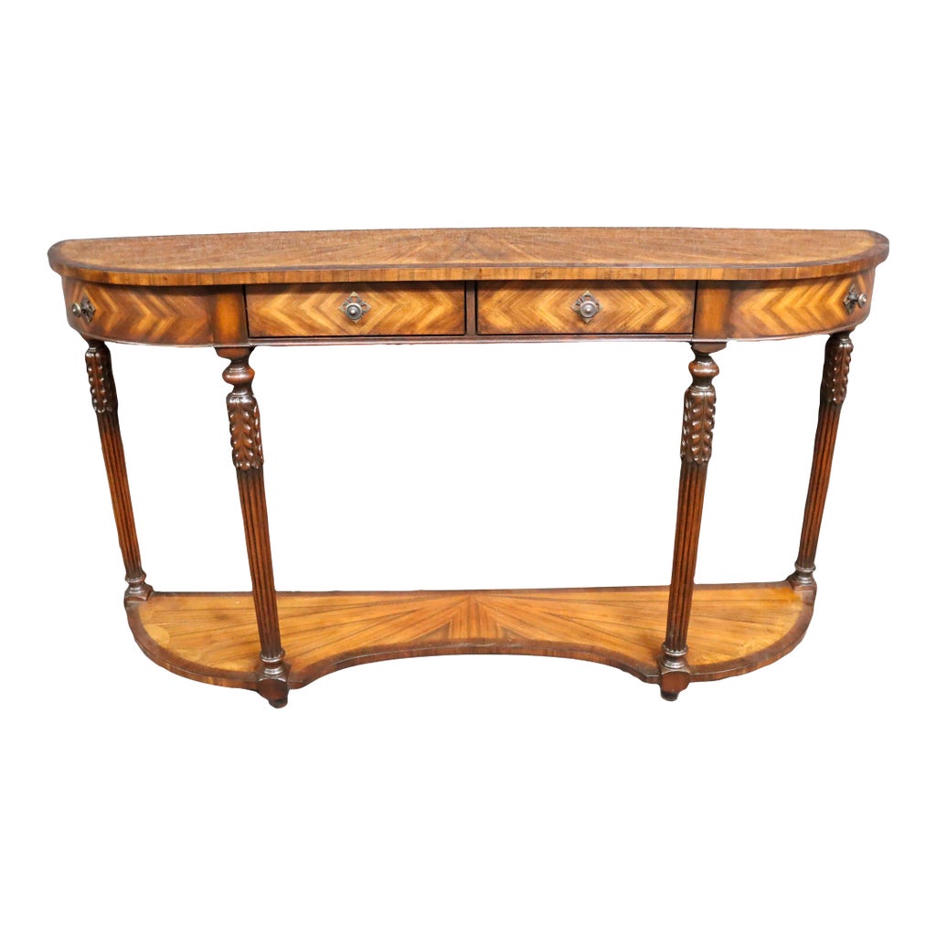 Ethan Allen Banded & Inlay Demi-Lune Console | Chairish