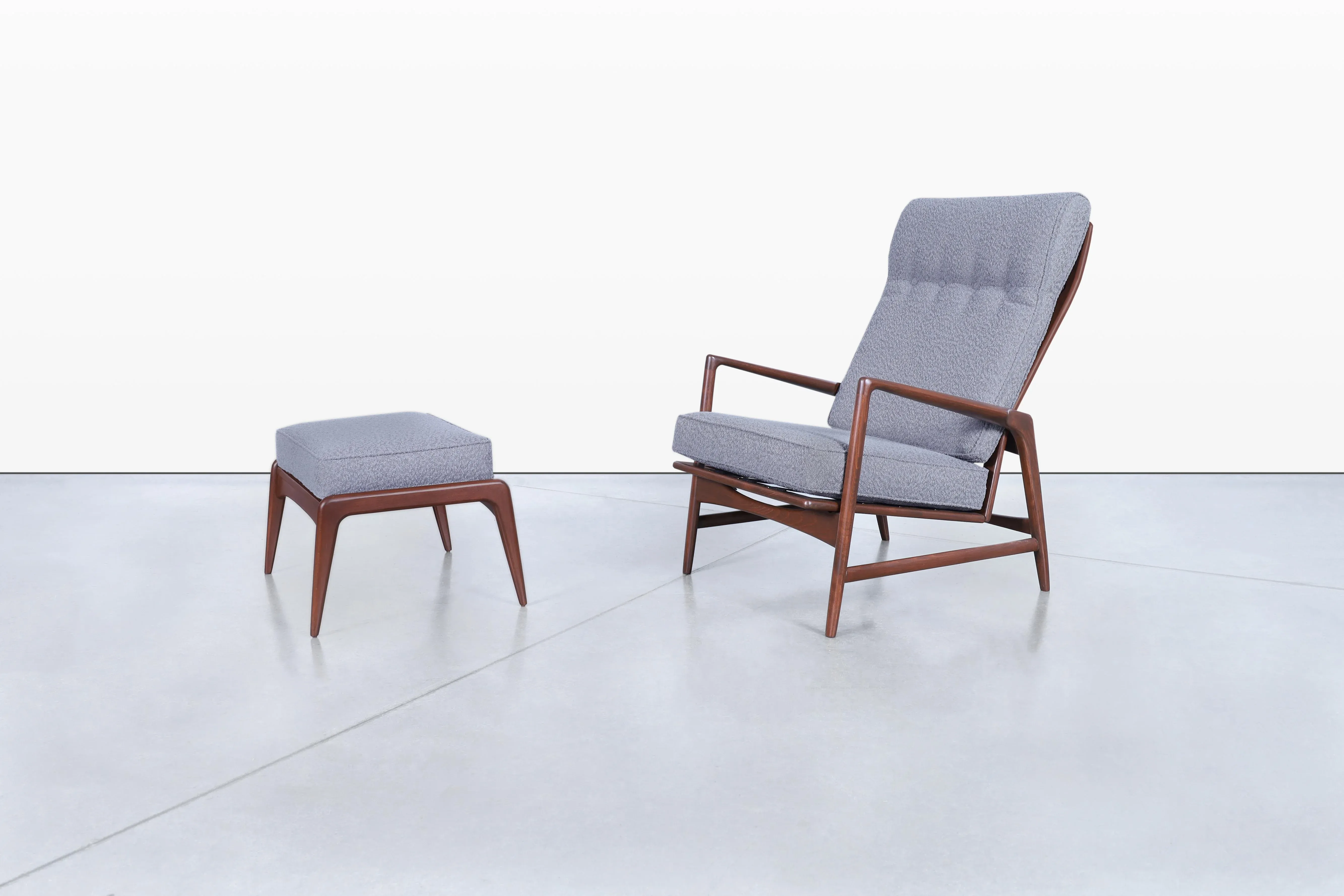1950s Danish Modern Walnut Reclining Lounge Chair and Ottoman by