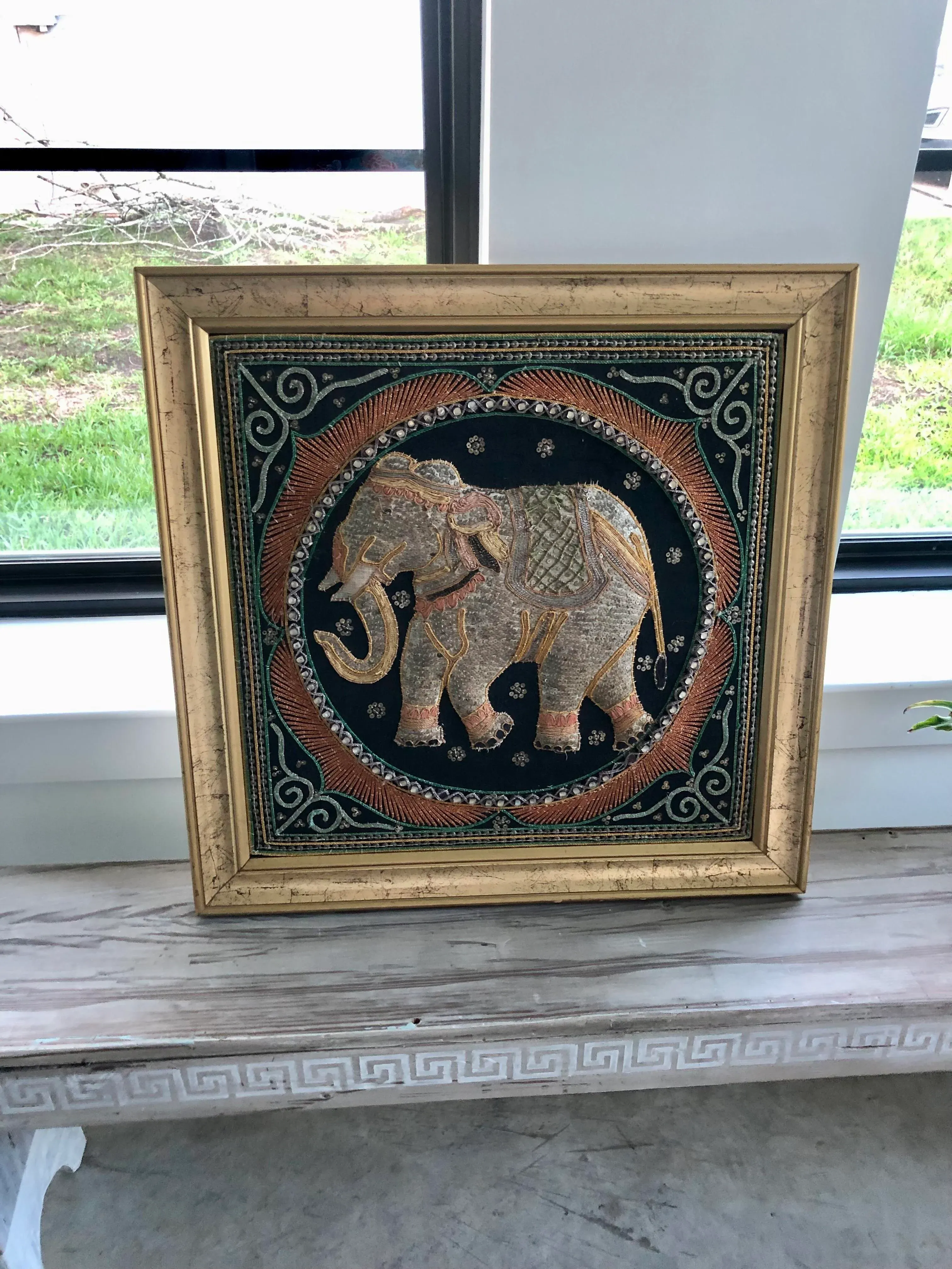 1960s Burmese Elephant Kalaga Tapestry-Framed