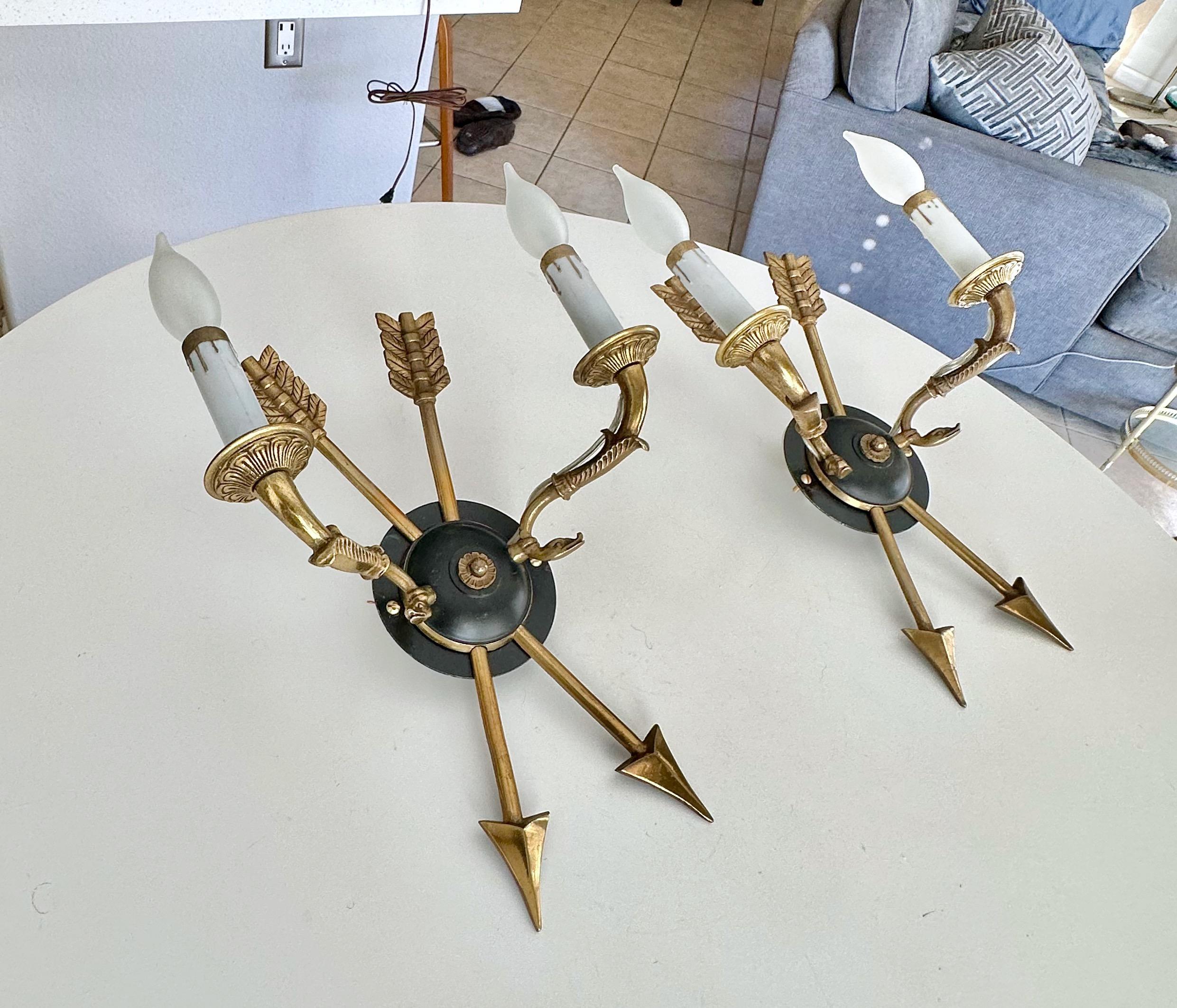 Pair French Empire Style Arrow Swan Wall Sconces