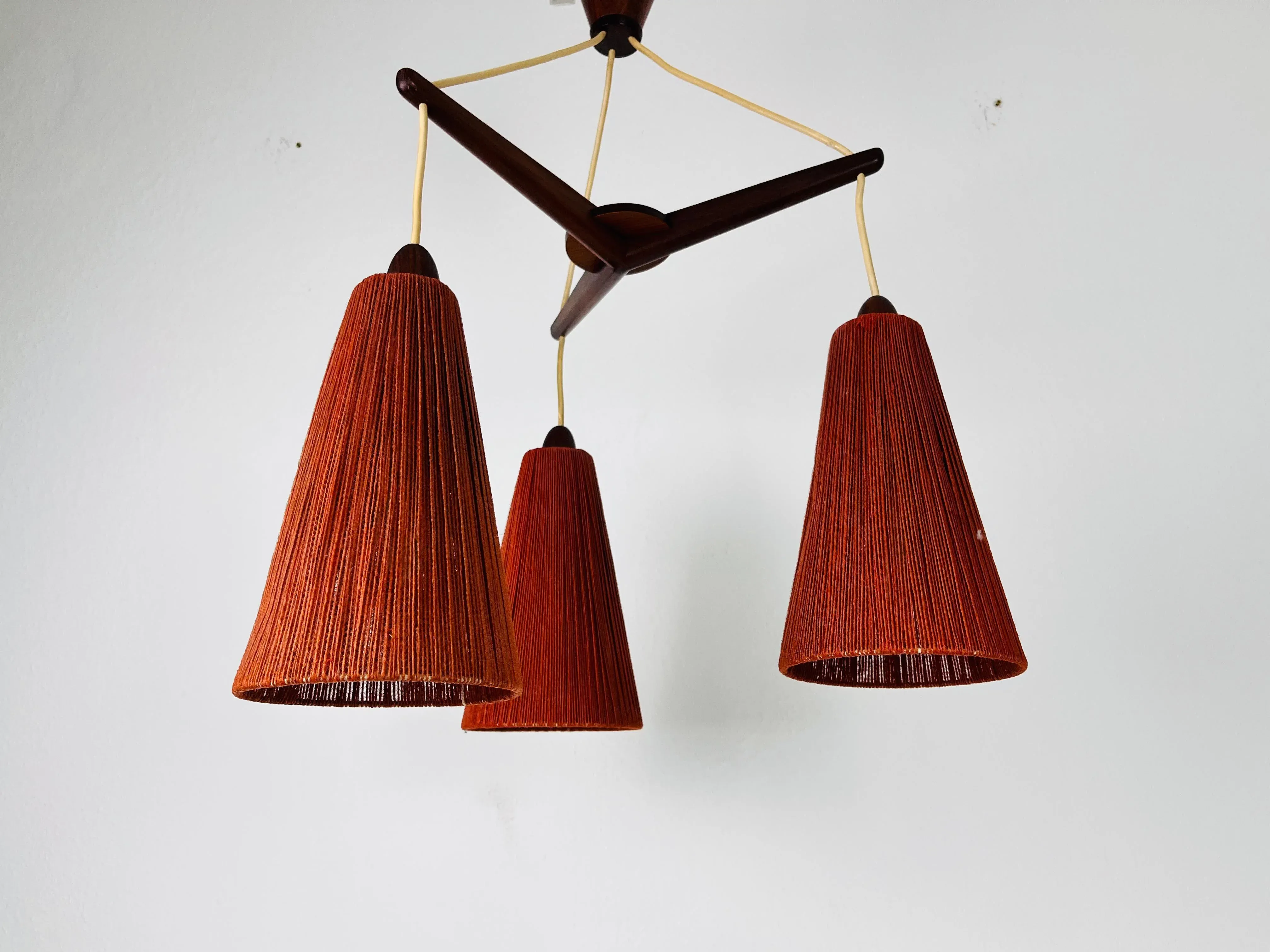 Midcentury Teak and Cord Shade Hanging Lamp by Temde, circa 1960