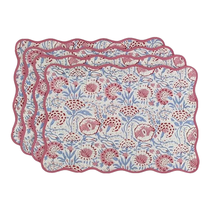 Handmade Scalloped White Floral Placemats with Pink Piping Set of 4