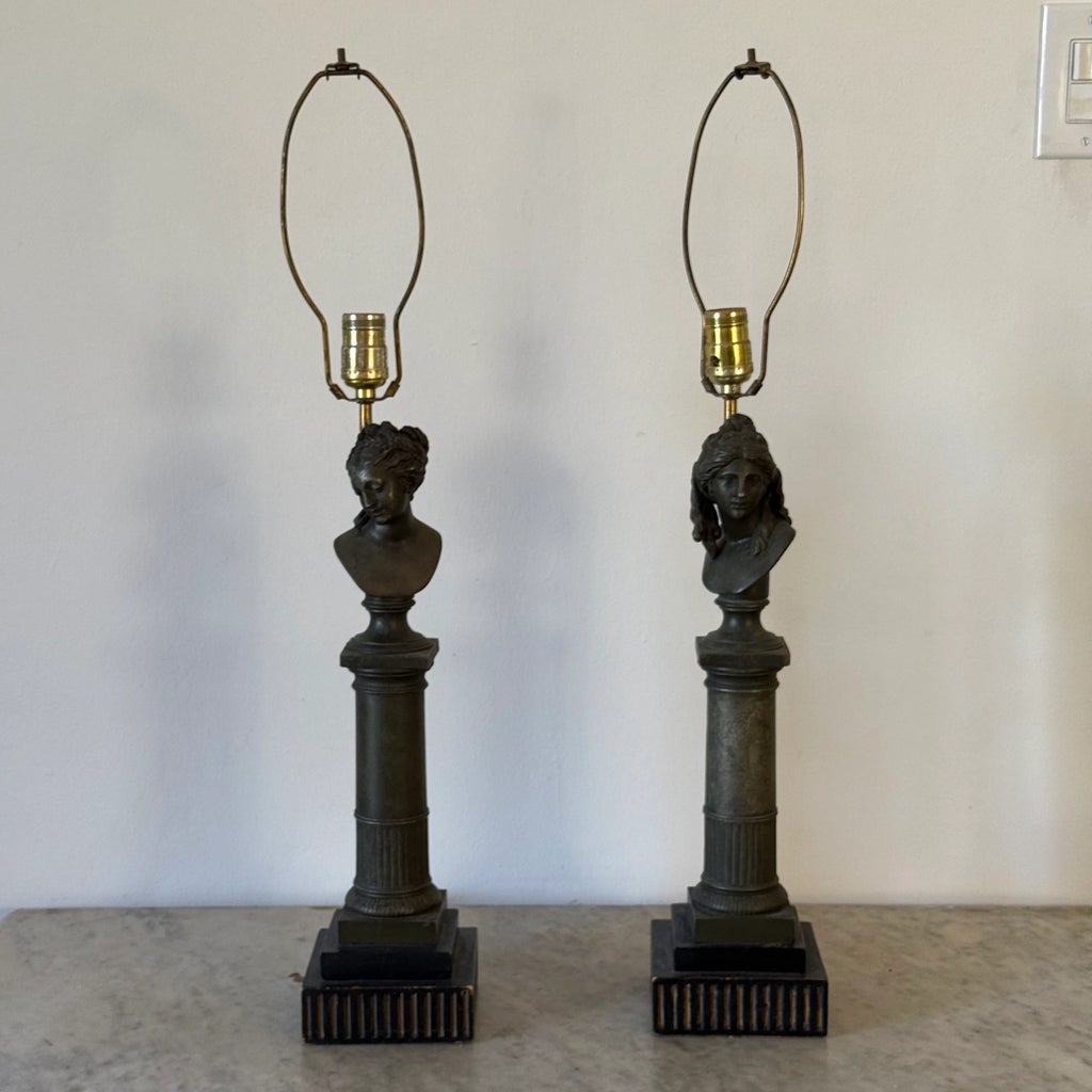 Antique Table Lamp With Roman Busts on Columns, a Pair
