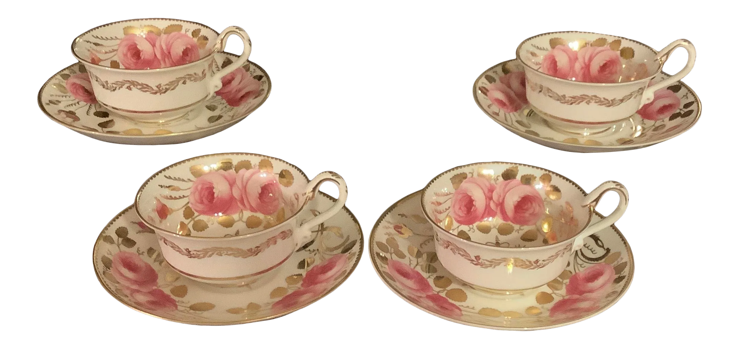 Late 19th Century Spode Copelands Cabbage Roses Tea Cups - Set of