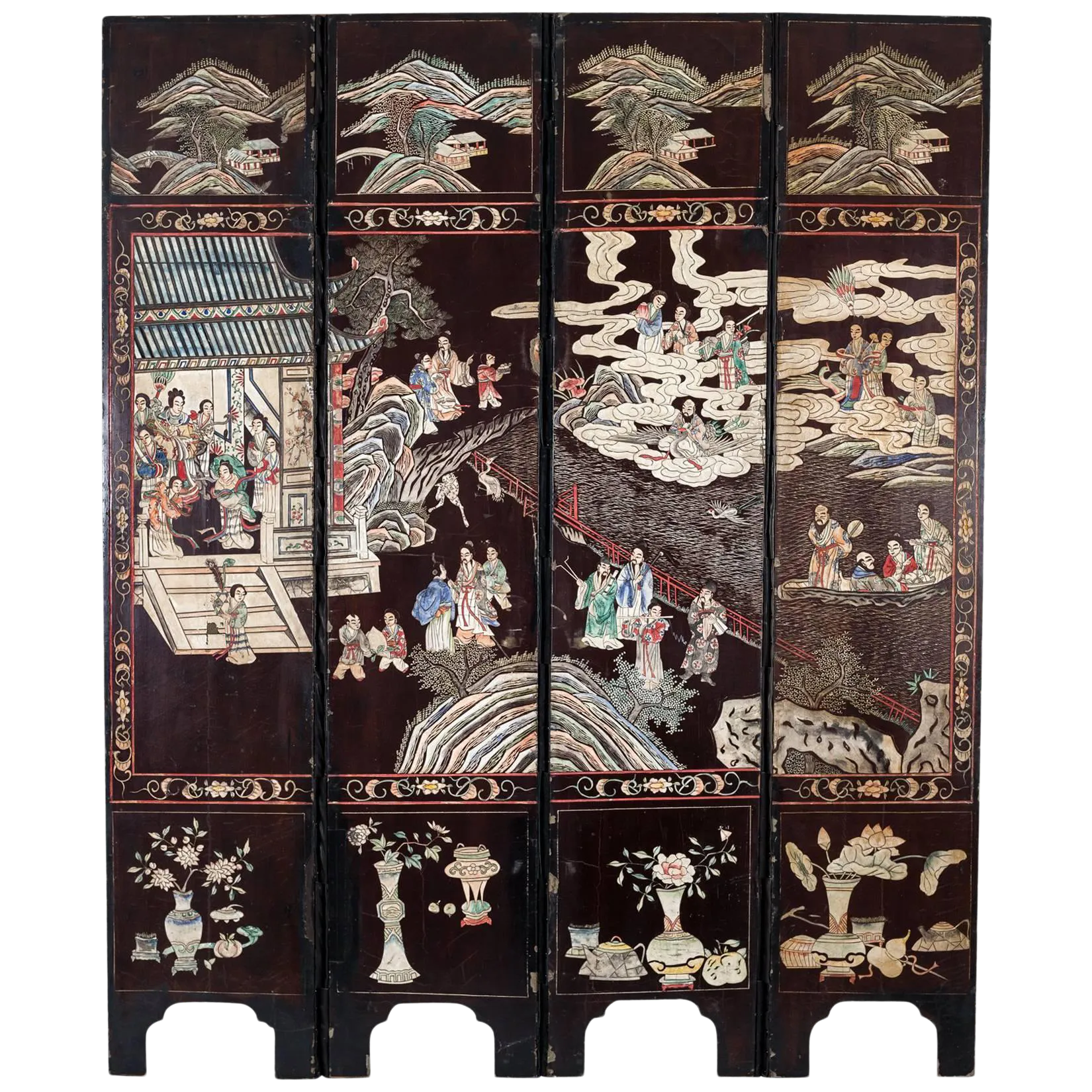 Chinese Coromandel Lacquer Four-Panel Qing Dynasty Screen | Chairish