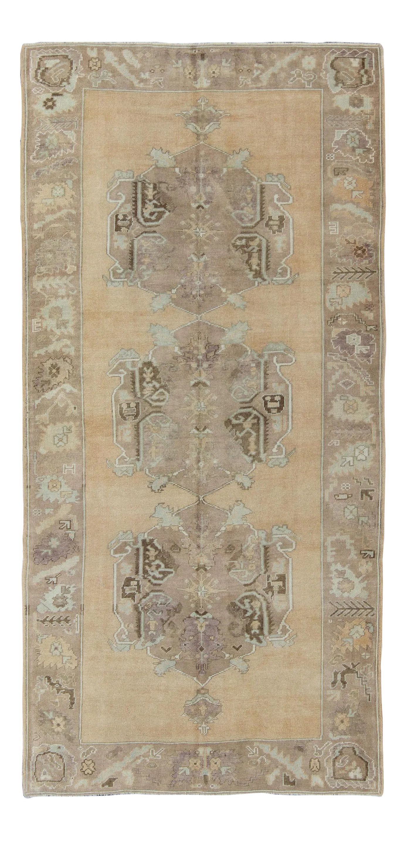 Vintage Turkish Oushak Gallery Rug in Soft Camel, Taupe, and Muted Blue Tones