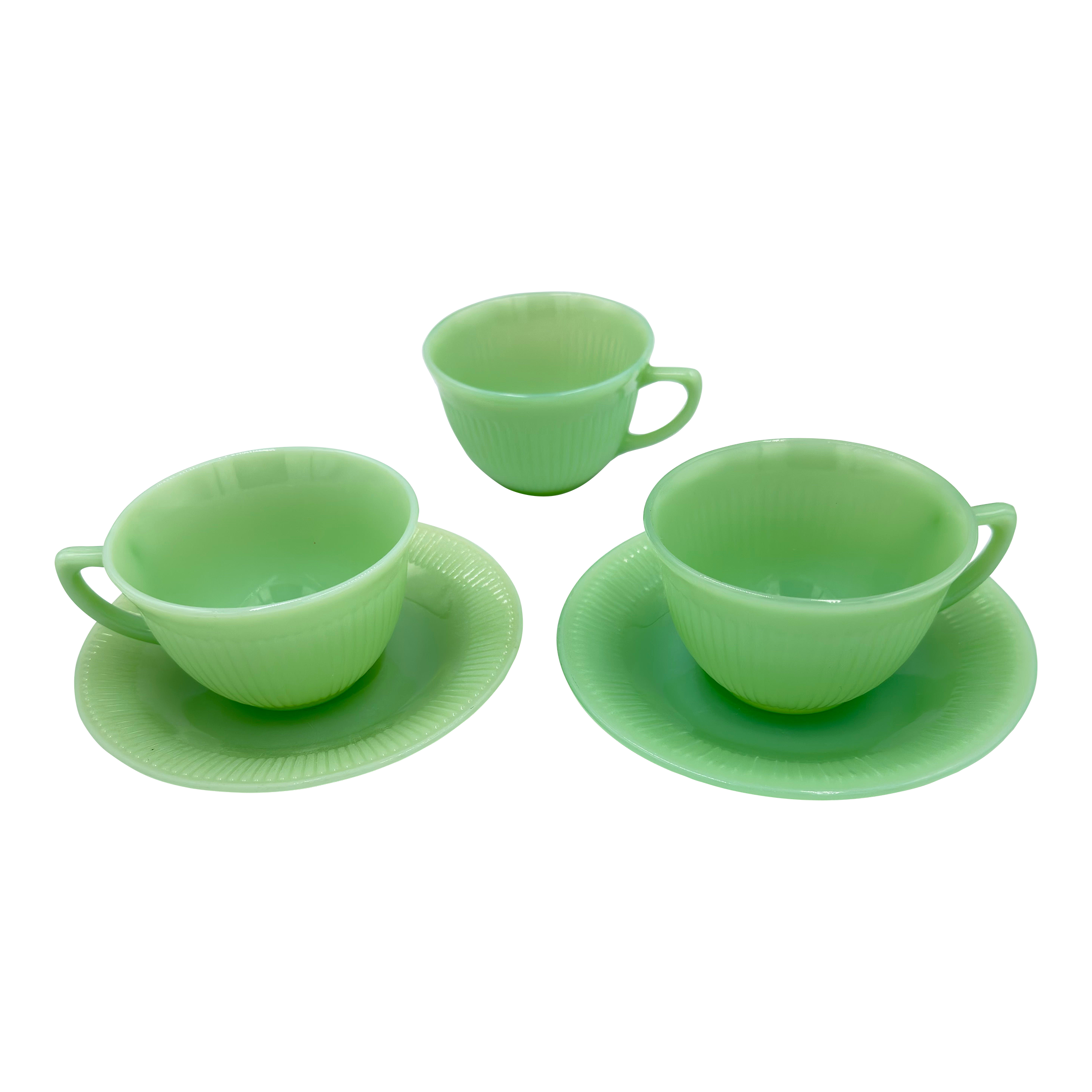 1940s Fire King Coffee Tea Cup & Saucer Jane Ray JadeIte by Anchor Hocking  5pc Set
