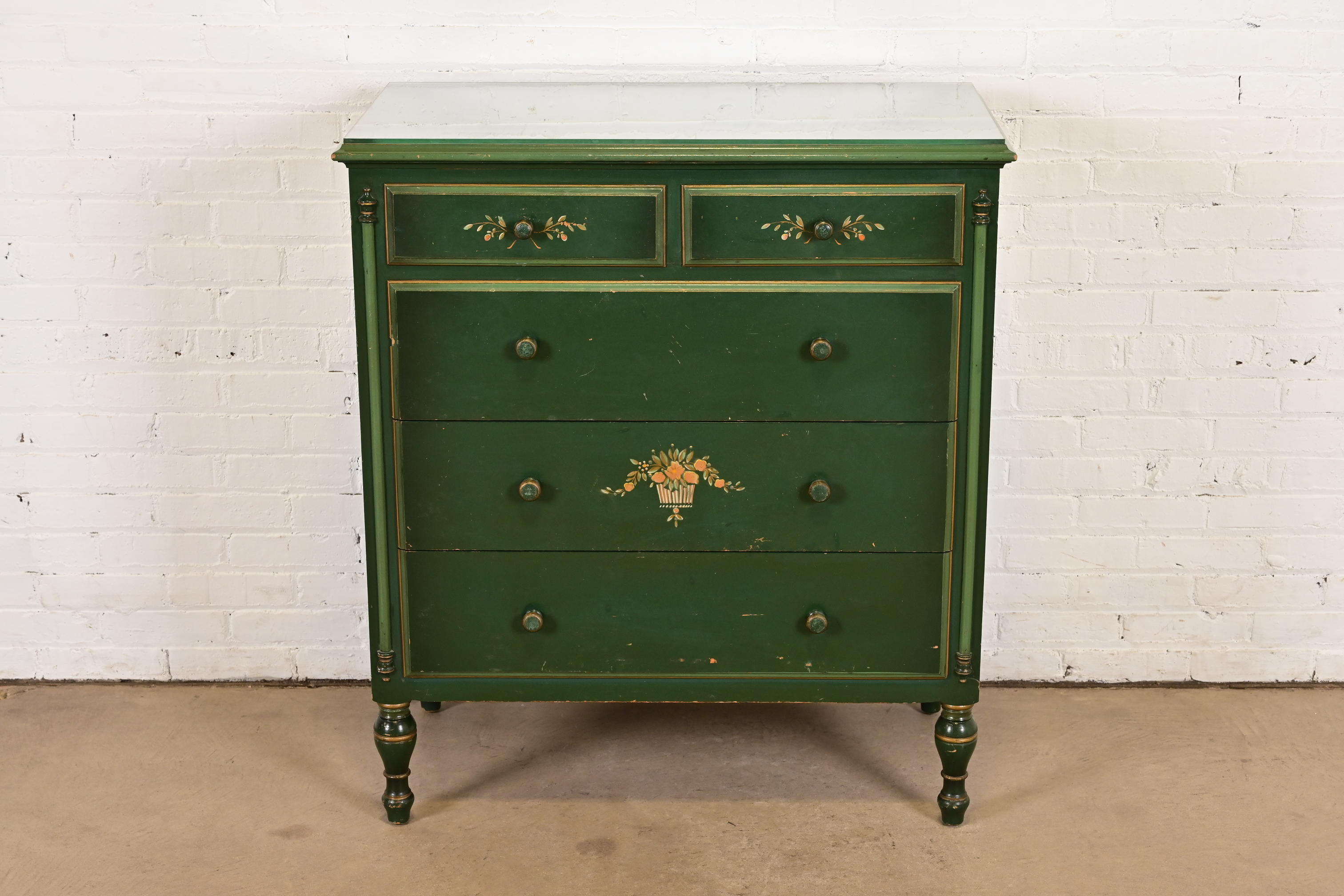 Stickley Brothers Antique Early American Country Cottage Green Lacquered  Floral Painted Dresser, Circa 1920s
