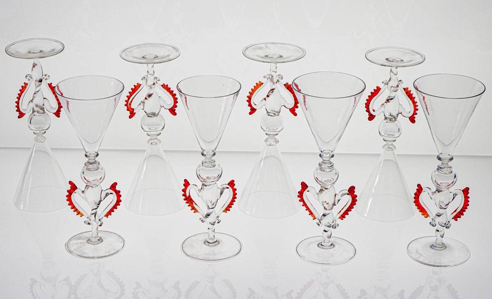 Transparent with Red Accents Tipetti Murano Glass Glasses from Cenedese, 1950s, Set of 8