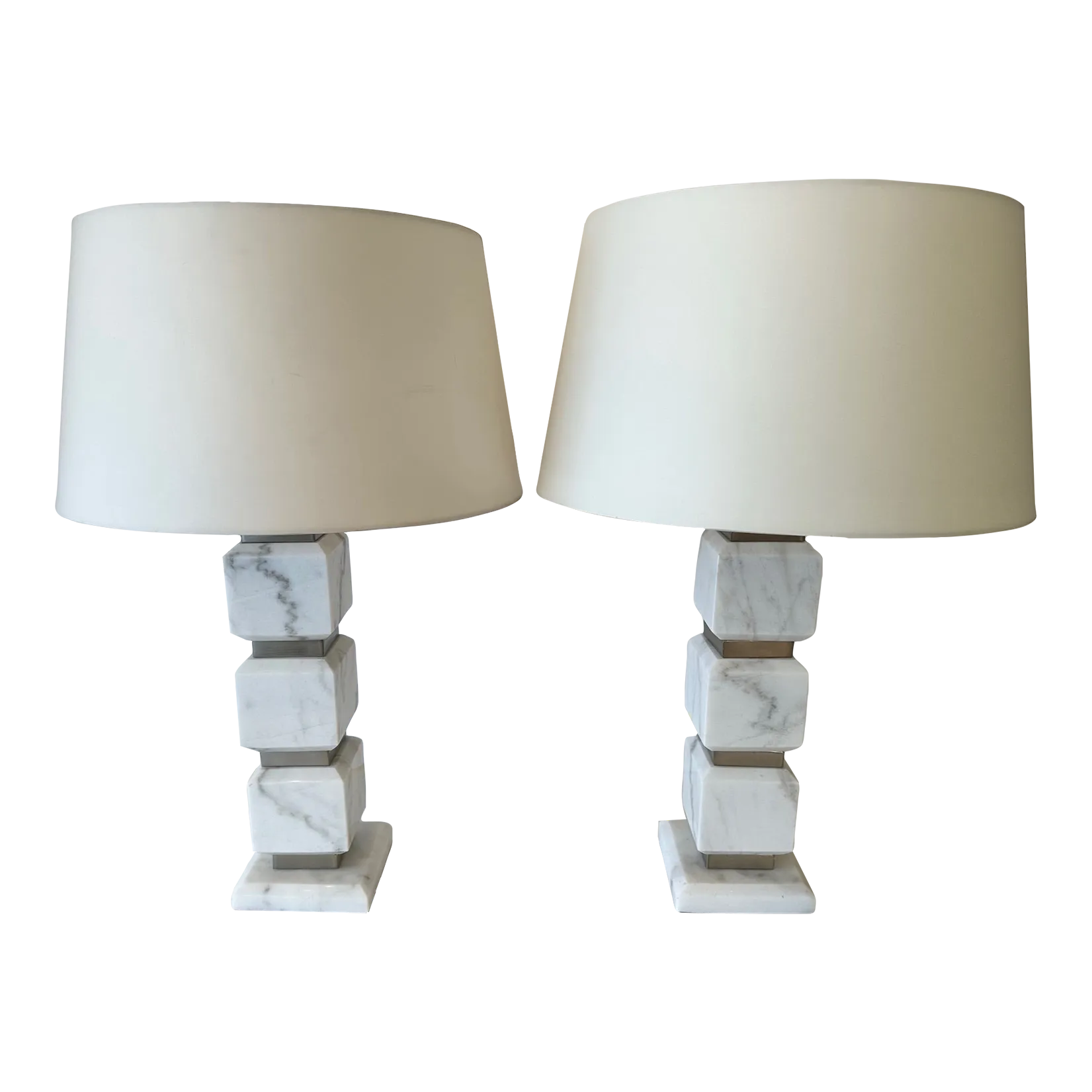 Modern Marble & Stainless Steel Cube Table Lamps -A Pair | Chairish
