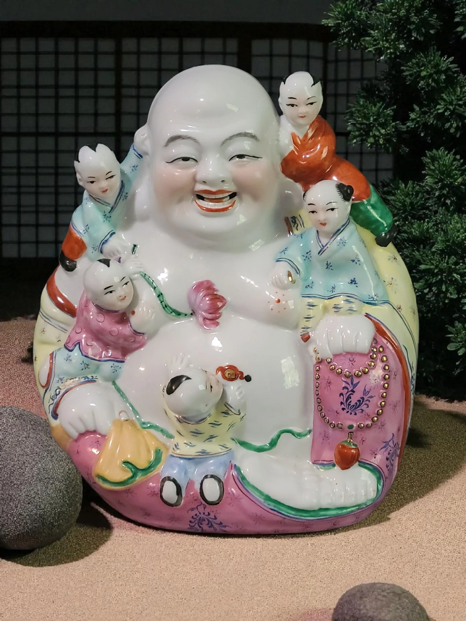 Vintage Hand Painted Colorful Famille Rose Fertility Happy Buddha Statue