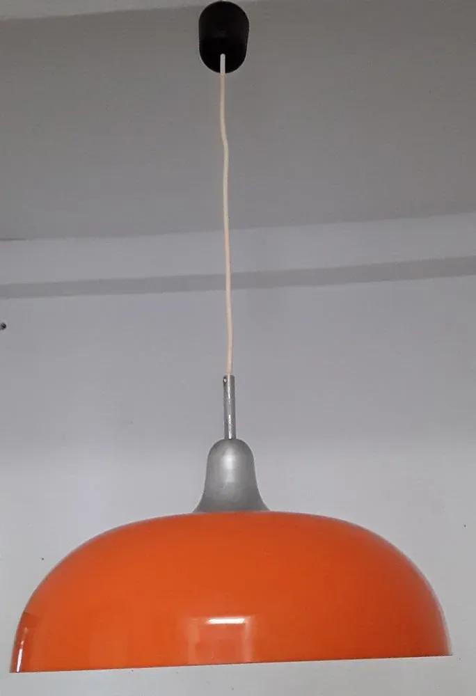 Vintage Round Ceiling Lamp with Orange Plastic Shade on Aluminum Mount, 1970s