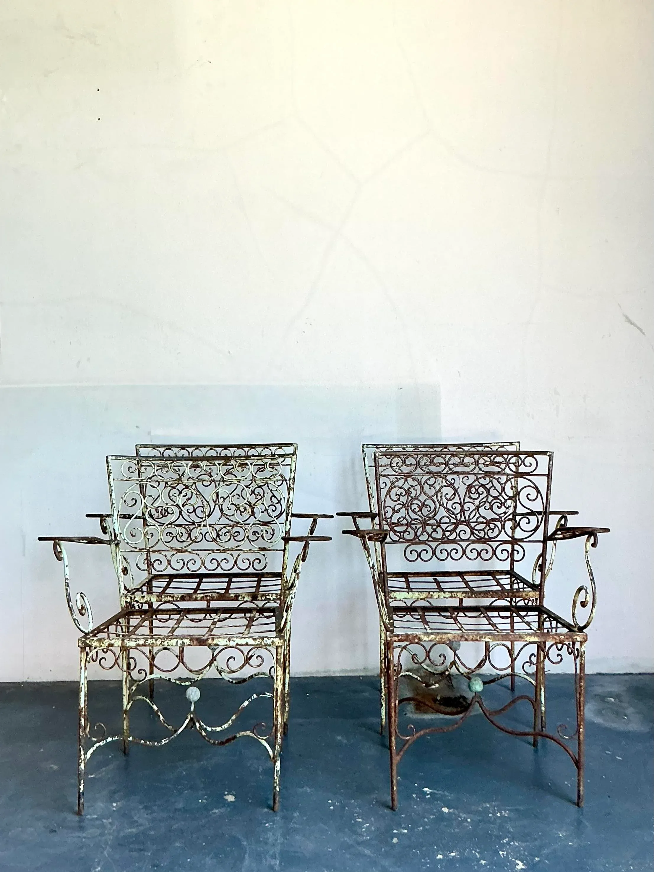 Vintage Regency Distressed Wrought Iron Scroll Dining Chairs - Set of 4