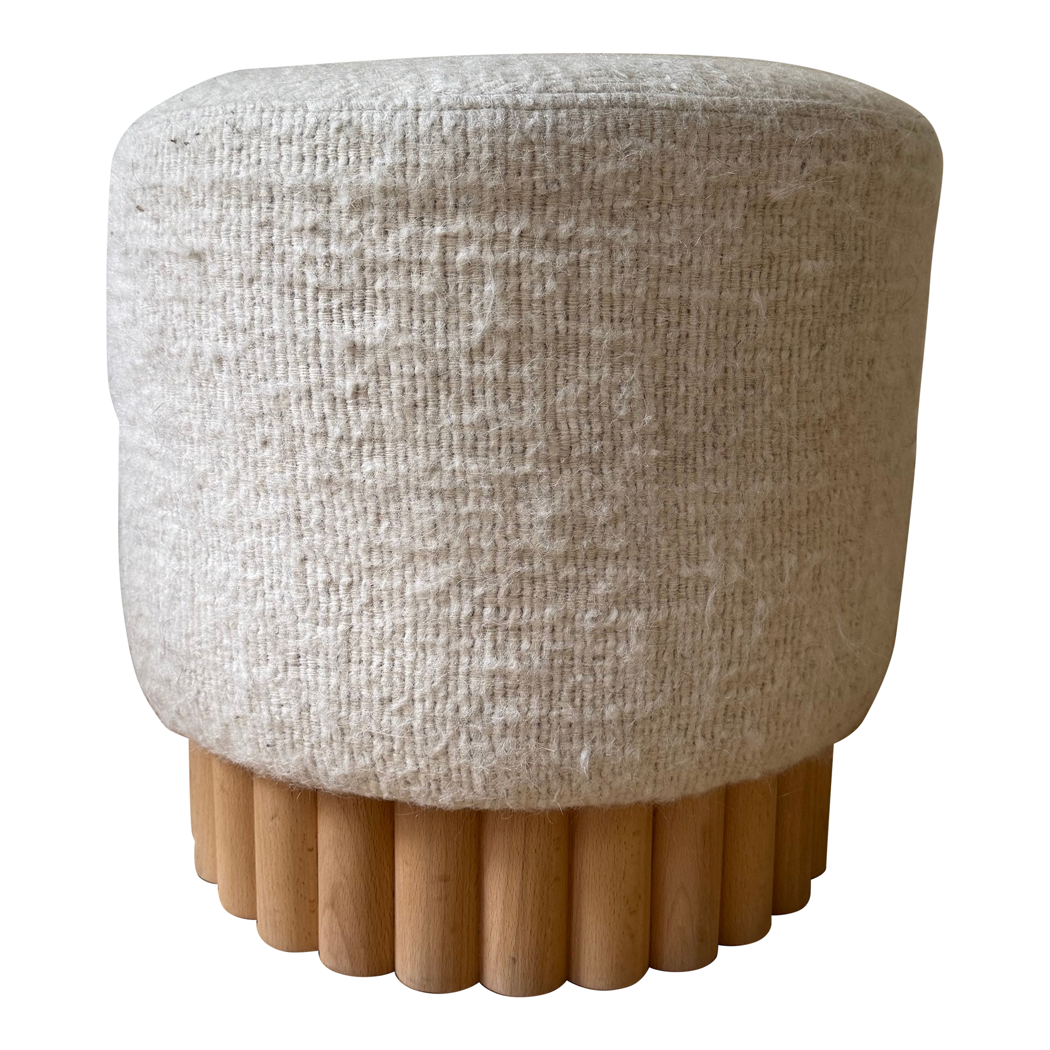 Contemporary Bouclé and Oak Ottoman