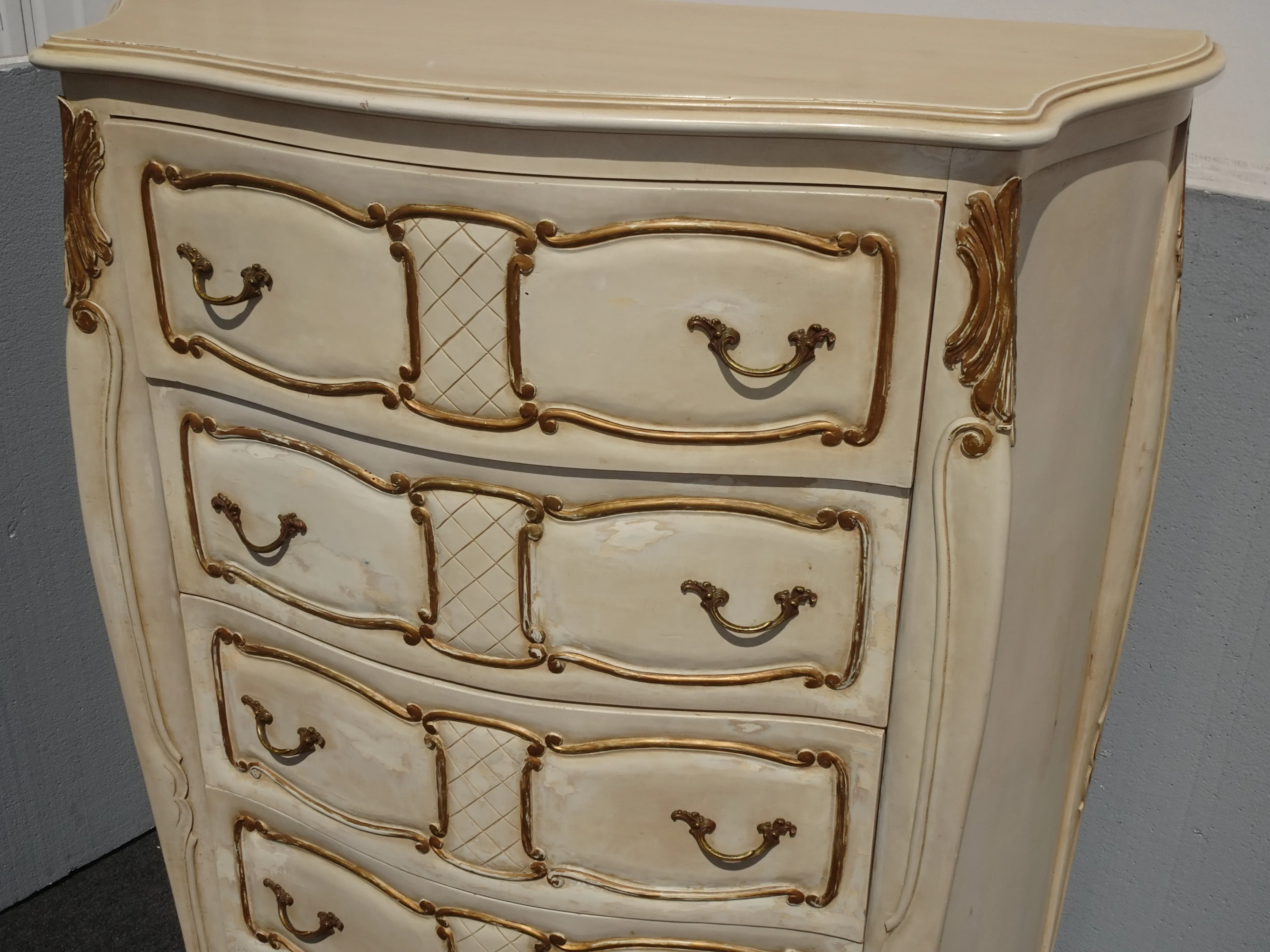 Vintage French Country Off White Tallboy Dresser With Gold Trim Chest of  Drawers