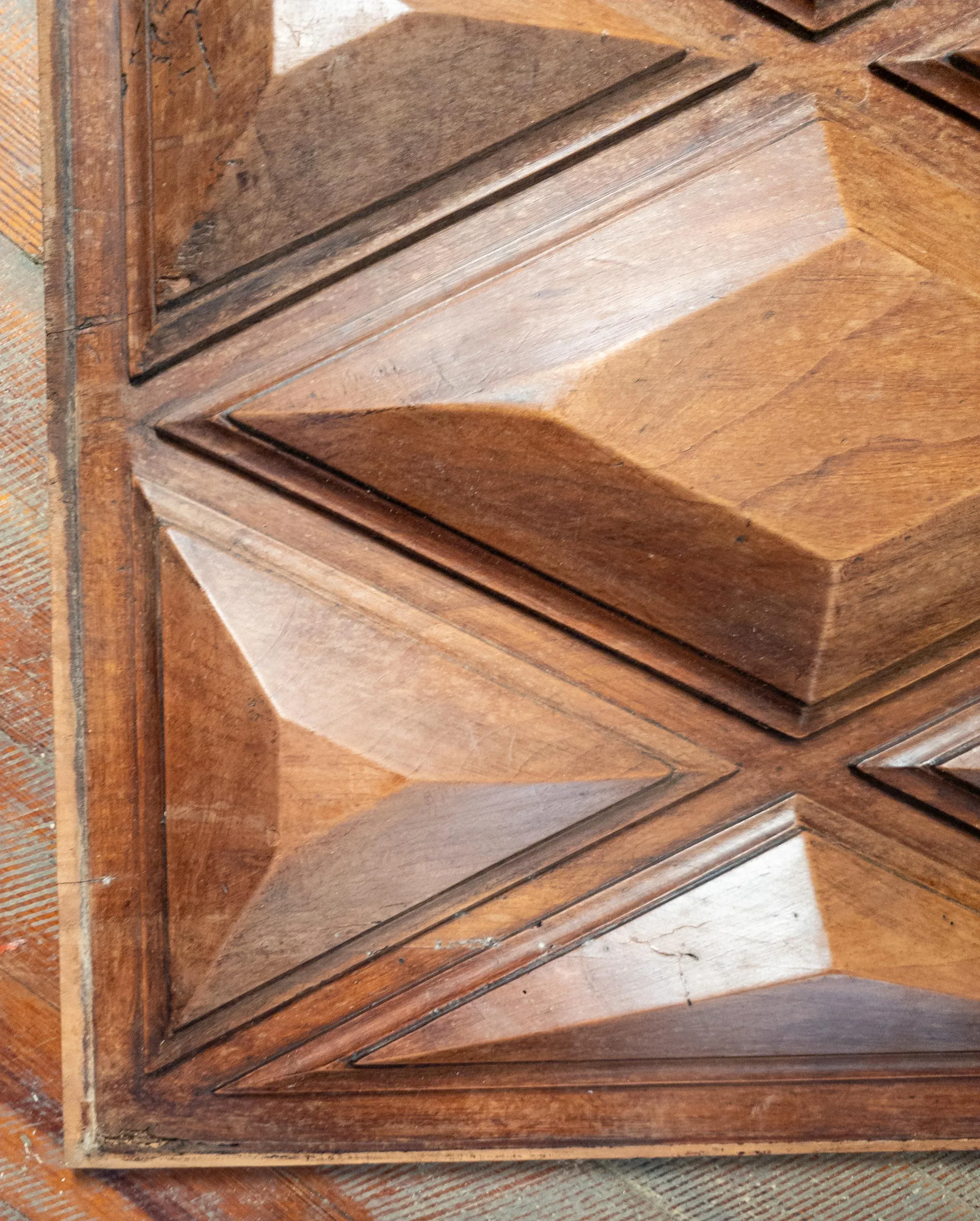 19th Century Sculptural Geometric Walnut Carved Furniture Panel Wall Decoration