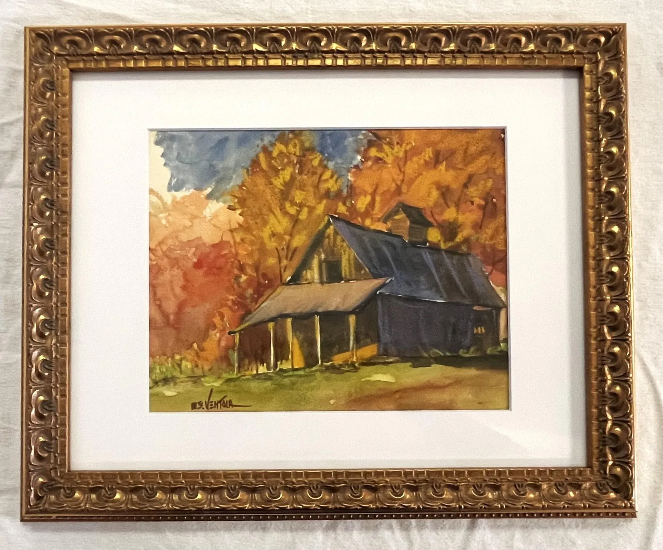 油彩画「Осеннее раздумье」 1946年 Kazonn O.A. framed-original-signed-