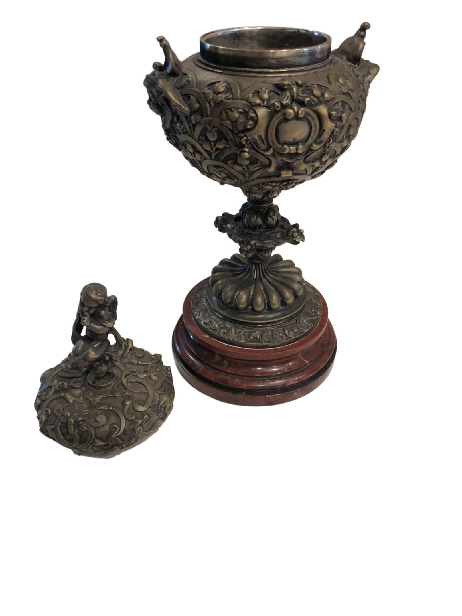 Late 19th Century Silver-Tone Metal Ornate Urn With Marble Base