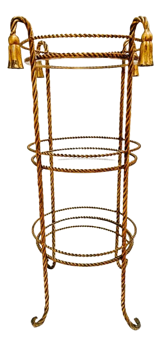 1960 Italian Gold Tole Rope & Tassels 3-Tier Etagere With Glass