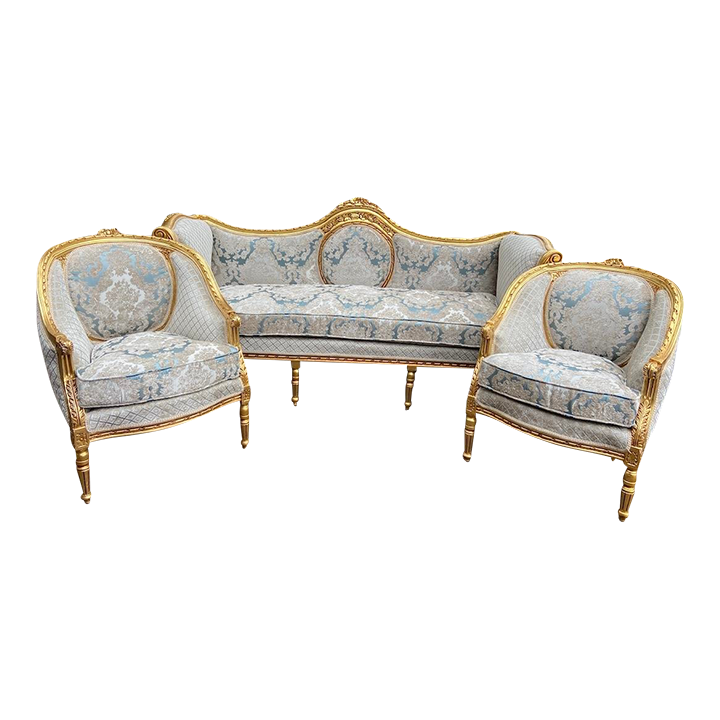 1940's French Louis Xvi Sofa Set in Gold Beech and Damask3 Pieces