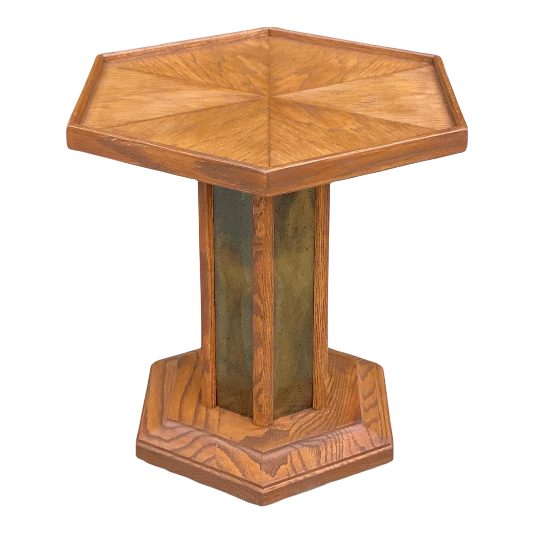 1970s Vintage Hexagonal Oak and Brass Paneled Pedestal Side Table