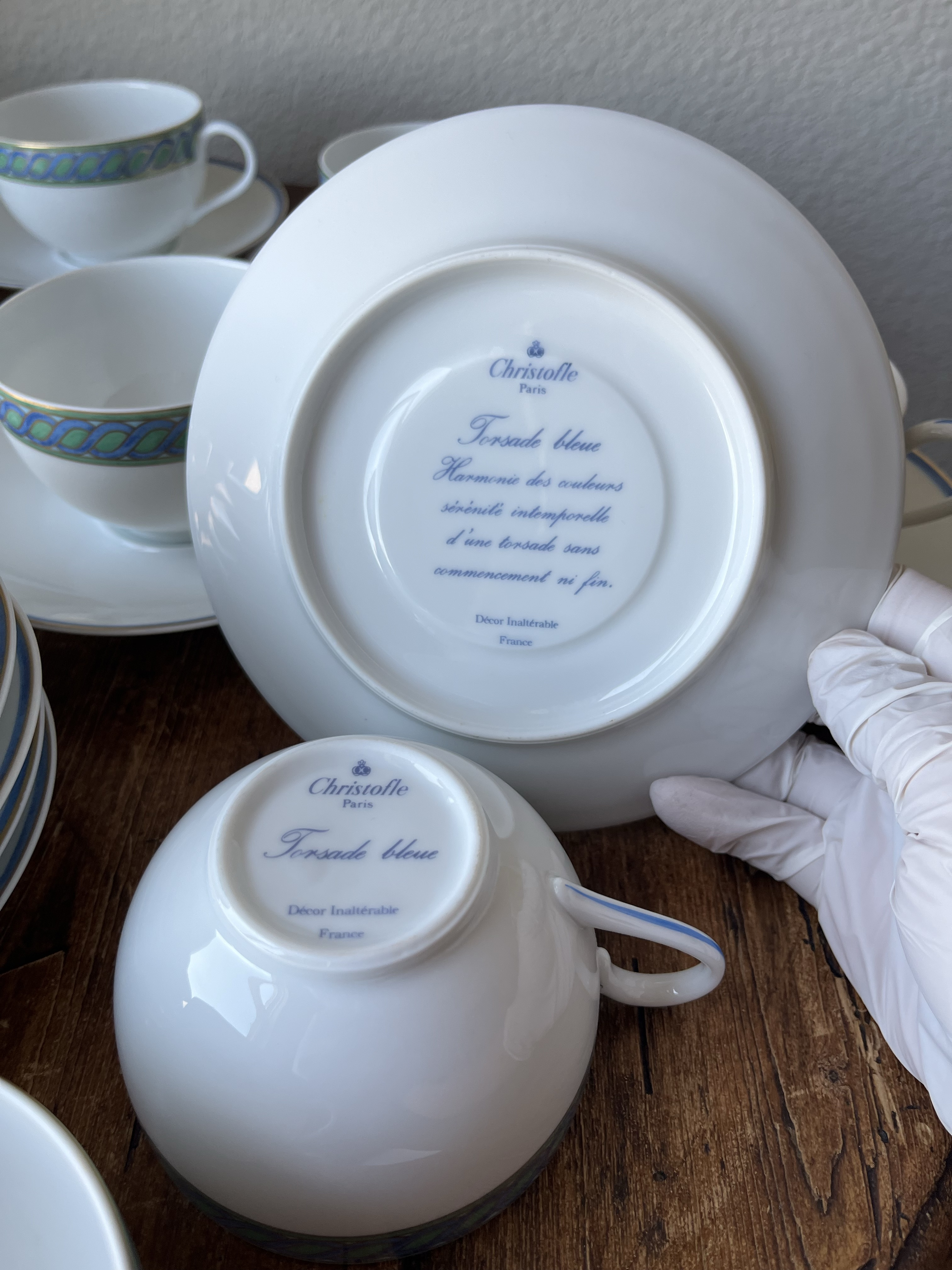 1990s Christofle Paris China Torsade Bleue Pattern Dinnerware Set